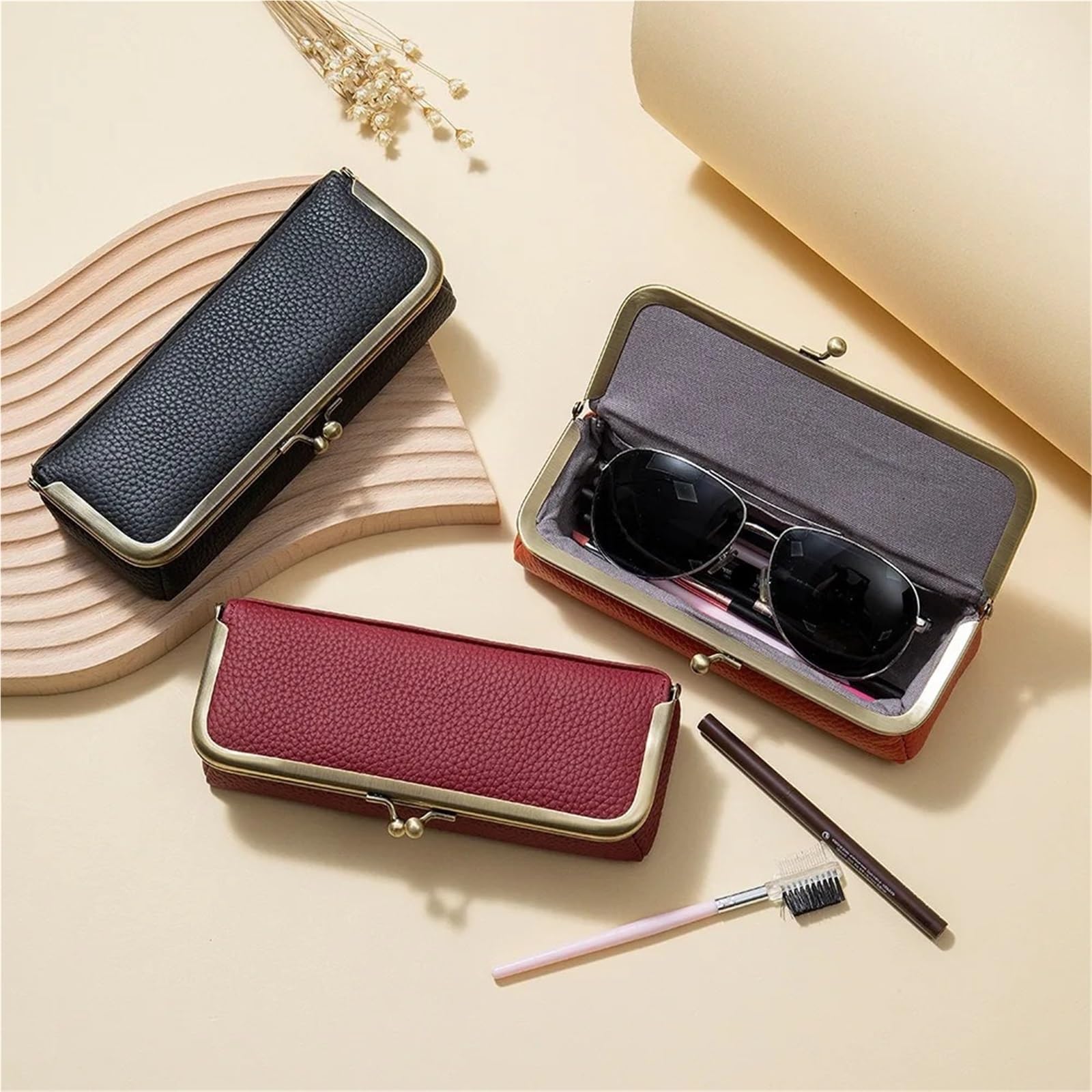 Custodia per Occhiali, Borsa Occhiali da Uomo/da Donna, c/Clip, Porta Sole(Wine Red)