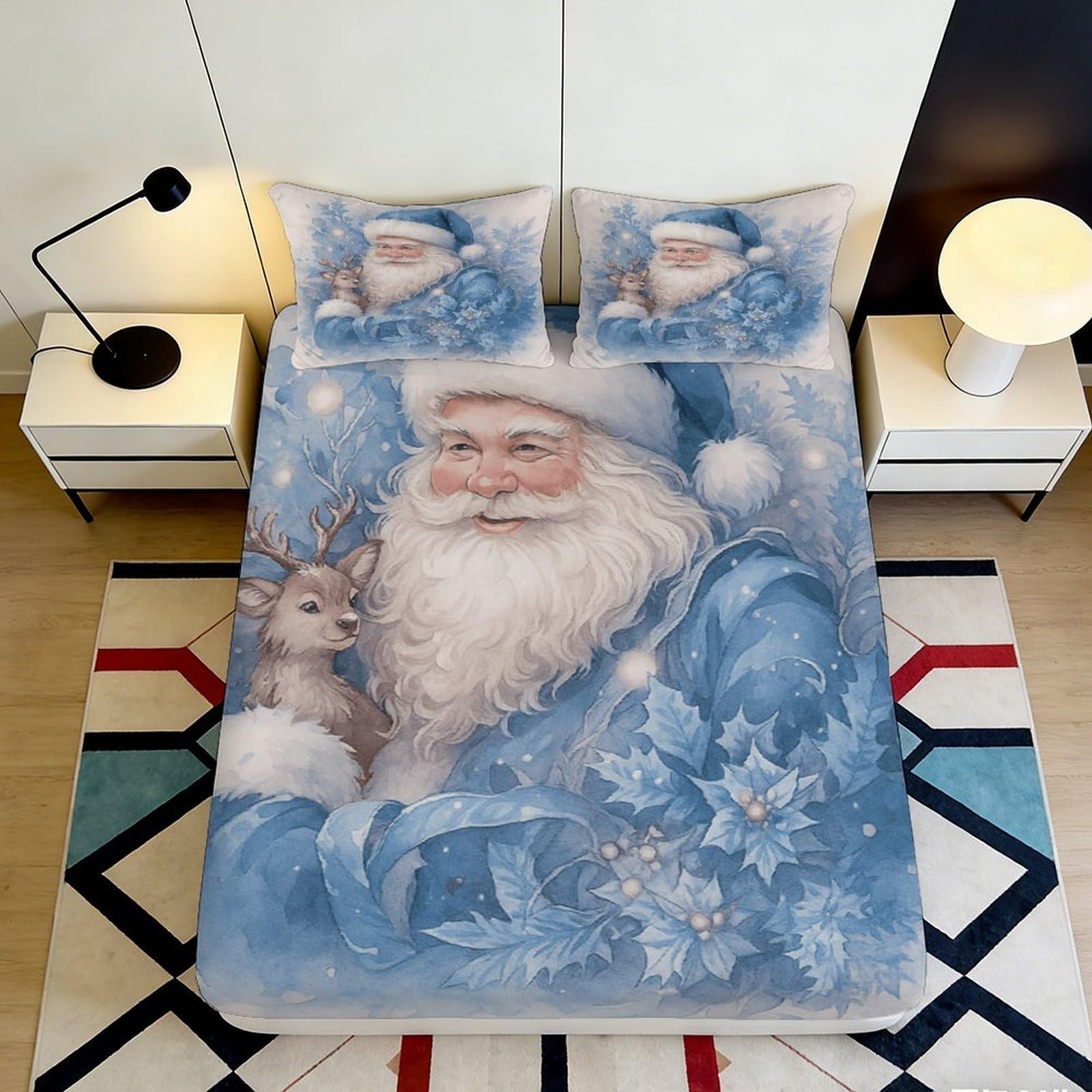 3D Printed Blue Santa Claus Fitted Sheet Microfiber Soft Christmas Reindeer Bed Cover for Bedroom Guest Room Mattress Protection 140x200x25cm