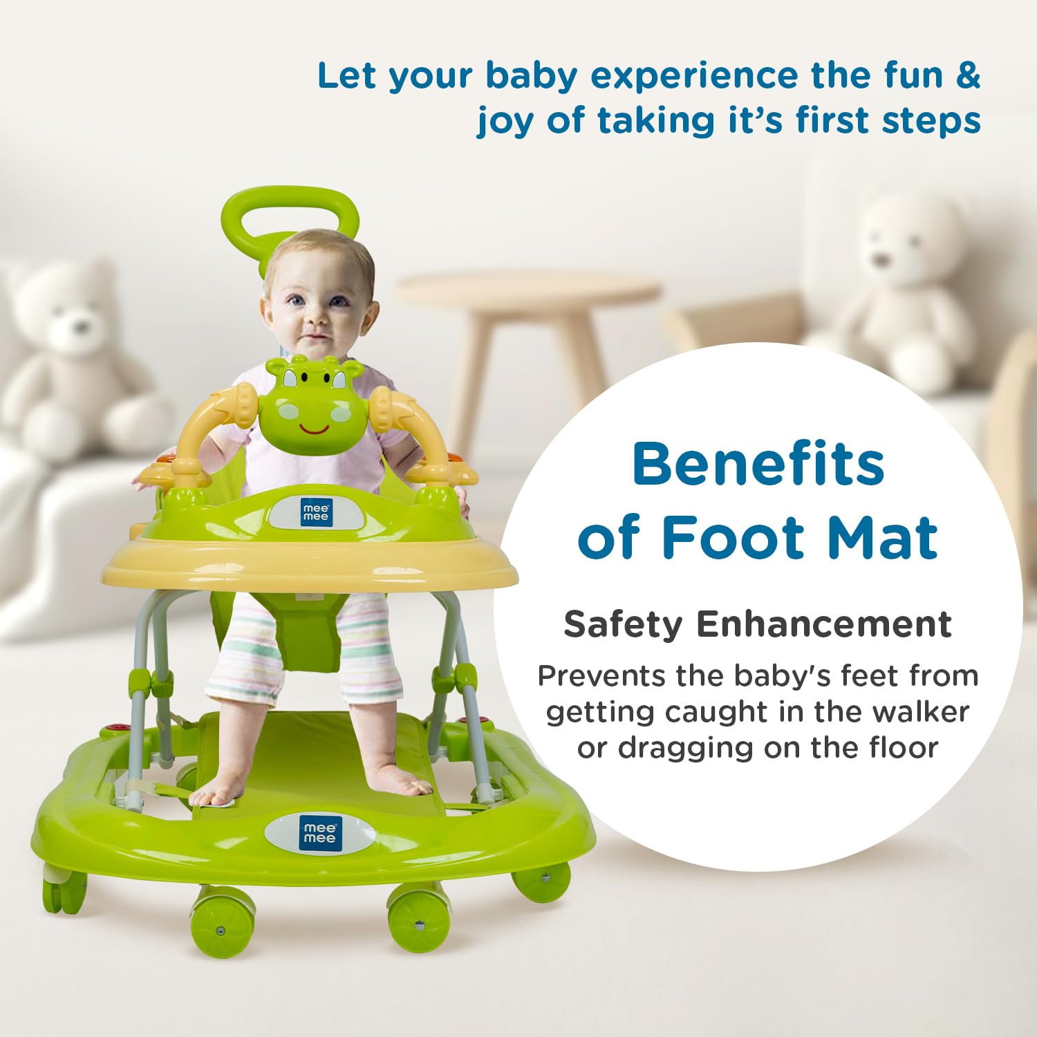Mee Mee 360° Baby Activity Walker | 3 Level Adjustable Height, Foot Mat, Musical Detachable Toy Bar | Parental Push Handle, Anti-Rollover Folding Walker for Boys, Girls, Kids | 6-18 Months 15kg-Green - Image 3 thumbnail