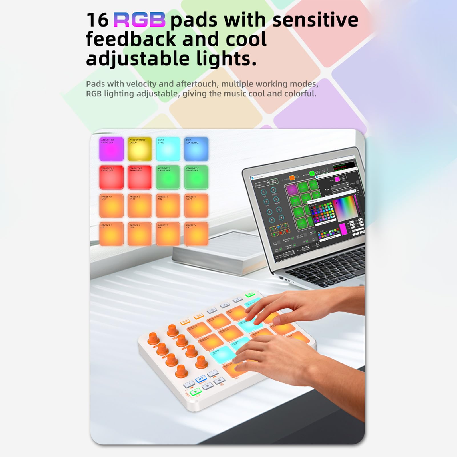 Controller MIDI, 16 Pad RGB 8 Manopole 6 Pulsanti Personalizzabili Batteria Ricaricabile Wireless da 2000 MAh, con Connessione USB MIDI per Professionisti Principianti della (Bianca)
