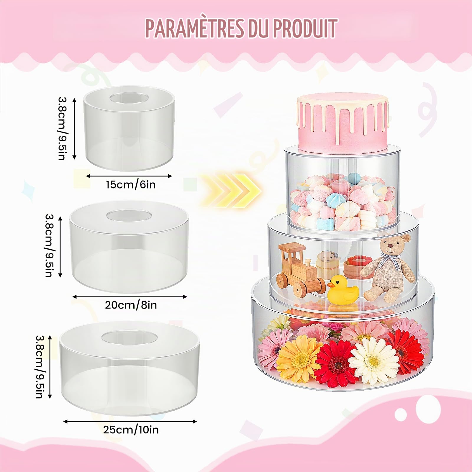 Présentoir à Gâteau 3 Etages en Acrylique, Plateau à Gâteaux Rond Transparent Remplissable avec 3 Bandes Lumineuses LED (Piles Non incluses) Boîtes de présentation empilables pour Mariages, Fête