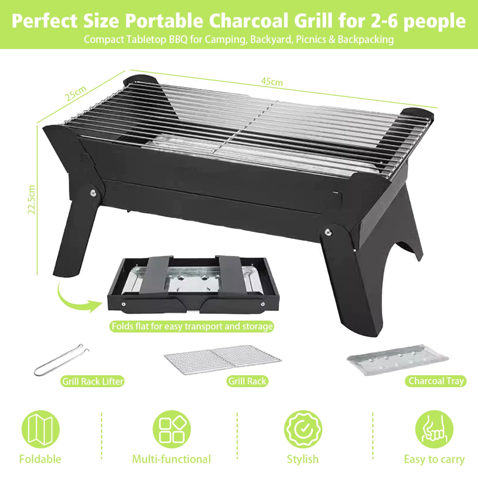 Barbecue portatile a carbonella, griglia pieghevole da tavolo, piccola 2-6 persone, barbecue a carbonella da viaggio all'aperto per picnic, zaino in spalla, giardino, terrazza, campeggio, viaggi