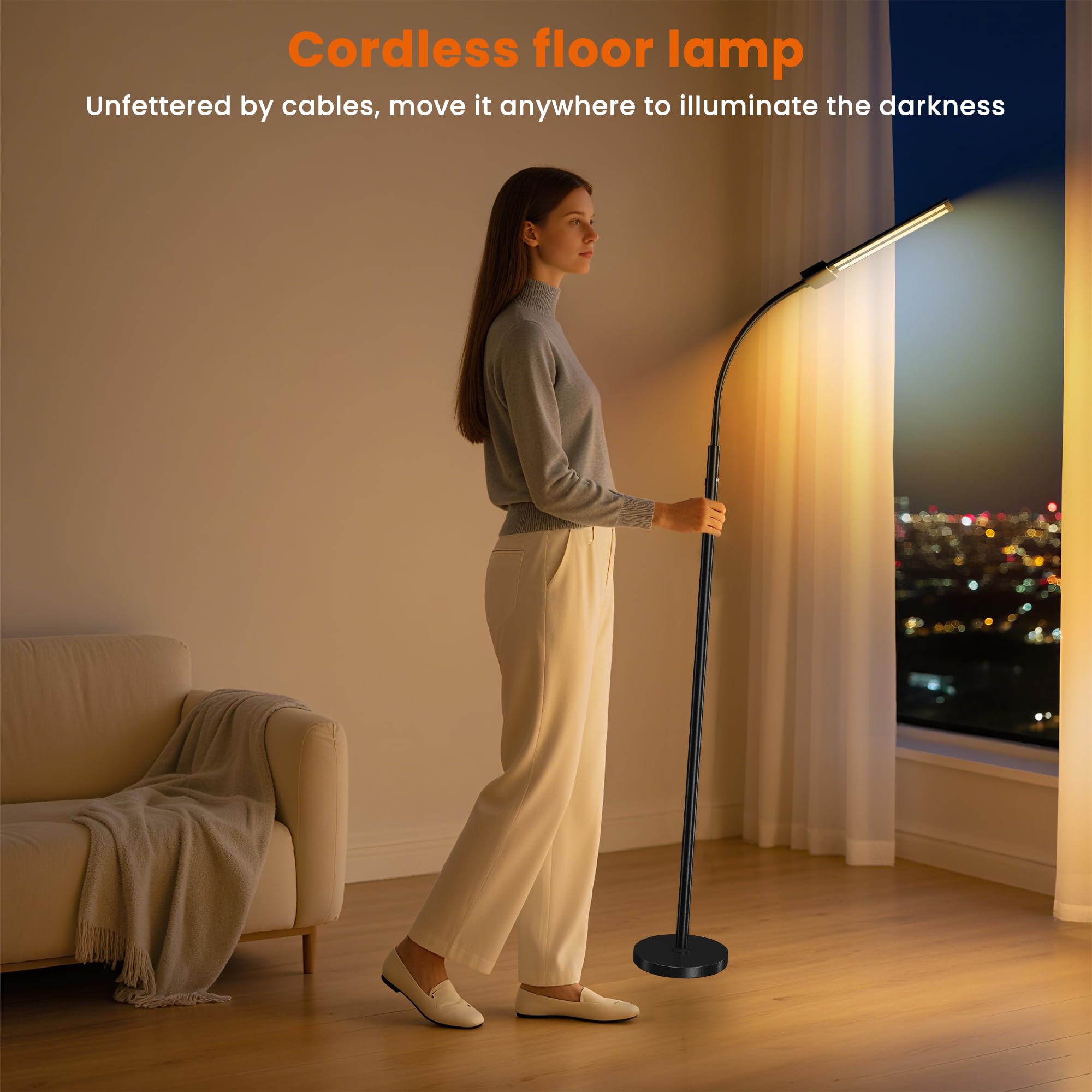 LGMCF Kabellose Stehlampe Mit 2 Beweglichen Köpfen - 8000mAh Akku, 3 Farbtemperaturen, Höhenverstellbar Für Wohnzimmer & Büro