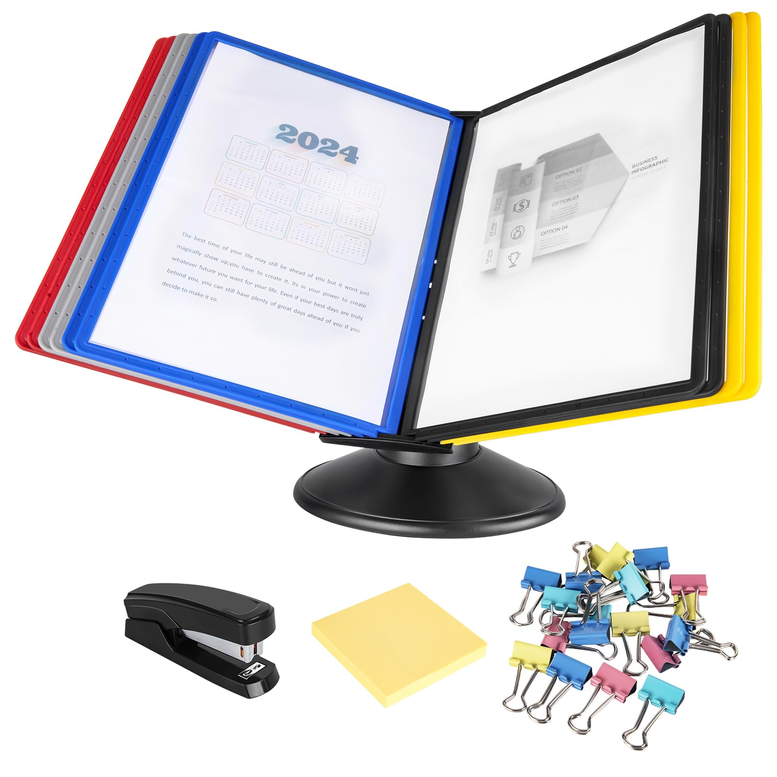 JOHAHTANG 10 Pockets Desktop Reference Organizer With Base, Adjustable Desk Reference Organizer, Desktop Reference System For Office Display And Storage A4 Documents (Colored Pockets)