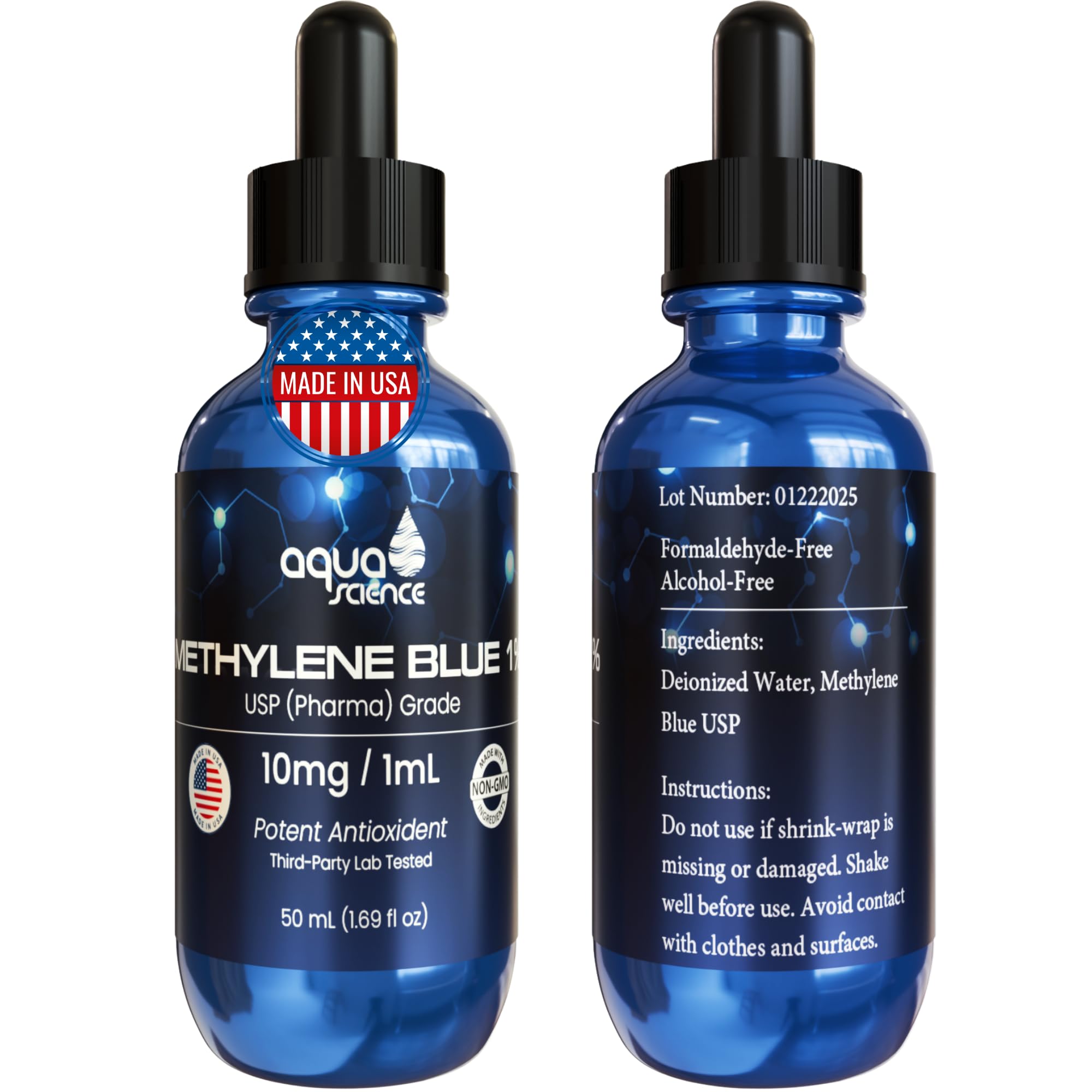 Aqua Science Methylene Blue USP Pharmaceutical Grade 99.99% - Third-Party Tested, ISO-Certified, Formaldehyde & Alcohol Free Liquid Drops - 50ml (1.69oz) with Dropper - Made in USA