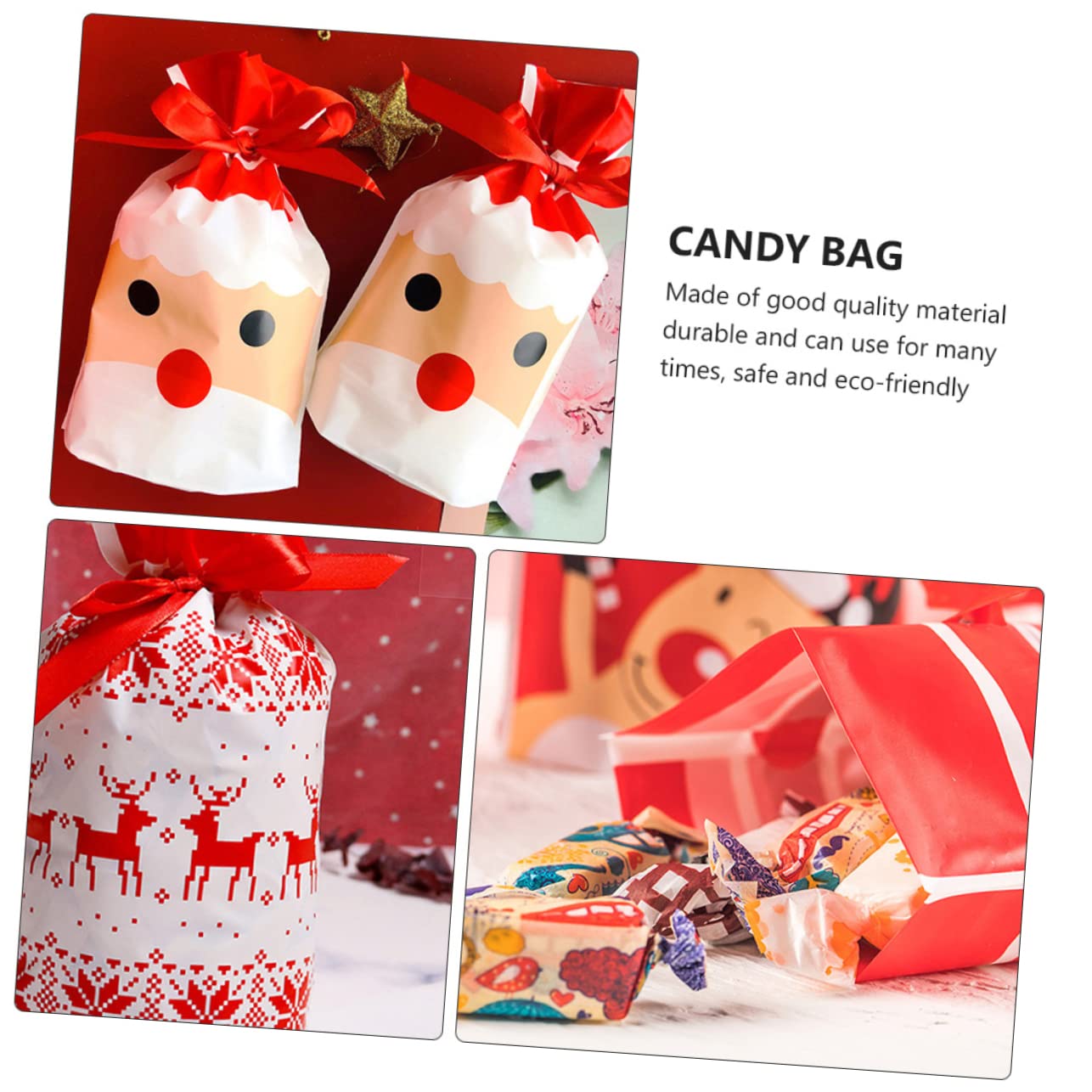 KOMBIUDA 100pezzi Sacchetti di Natale con Corda per Caramelle e Dolciumi per Feste e Regali varietà di Colori e Design Tema Natalizio