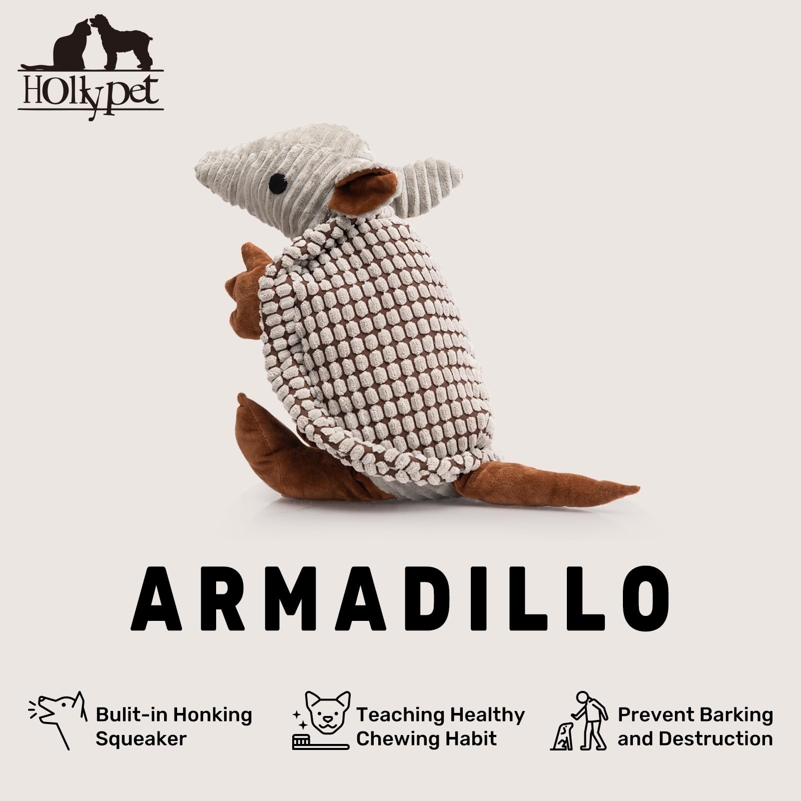 Hollypet Quietschendes Plüsch-Spielzeug für Hunde, Armadillo-Plüschtier, Kauspielzeug für Welpen und Hunde aller Größen (klein, mittel, groß) Grau, 25 cm