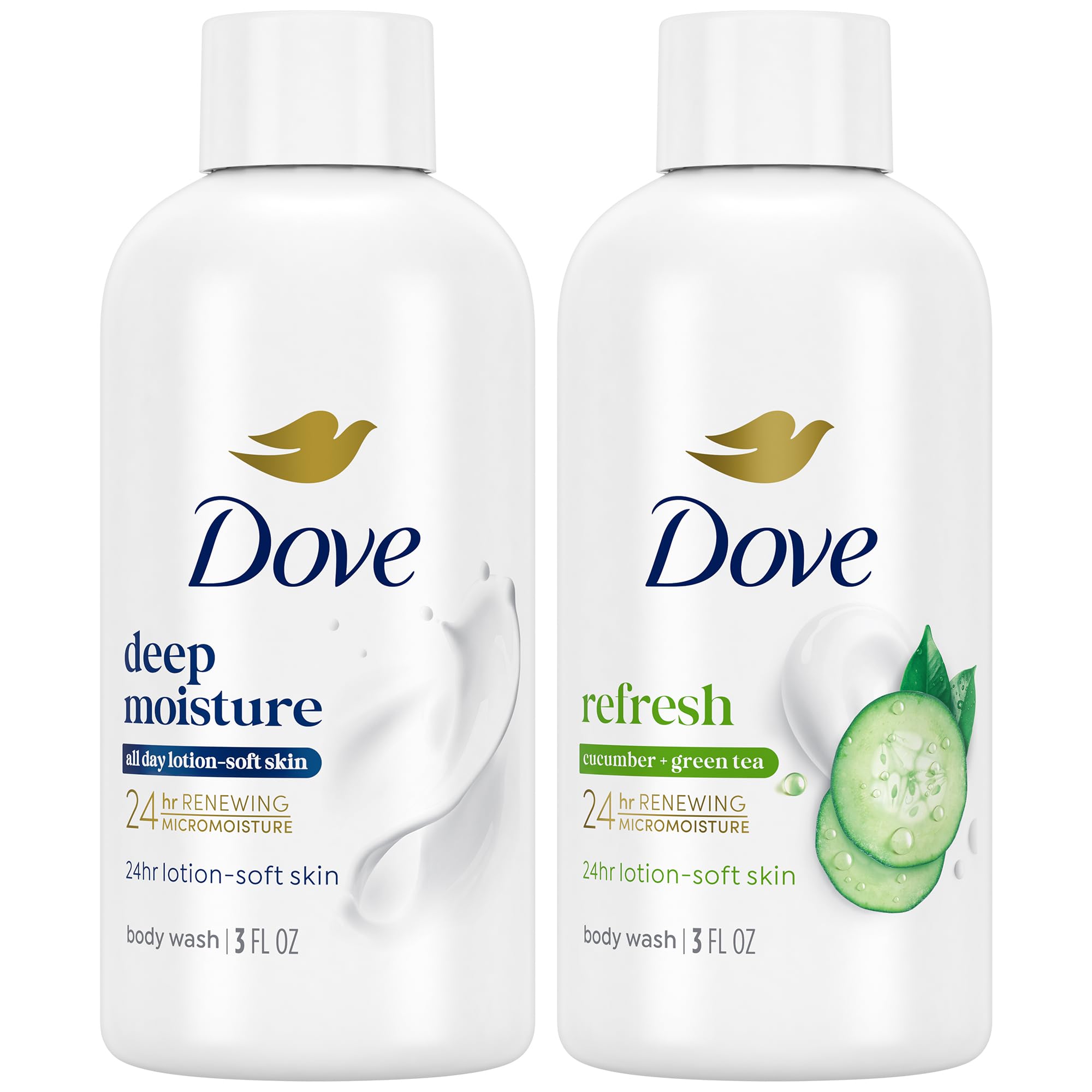 Dove Body Wash Travel Essentials Variety 2-Pack – Refreshing Cucumber & Green Tea + Deep Moisture Nourishing Body Washes, 3 Oz Ea