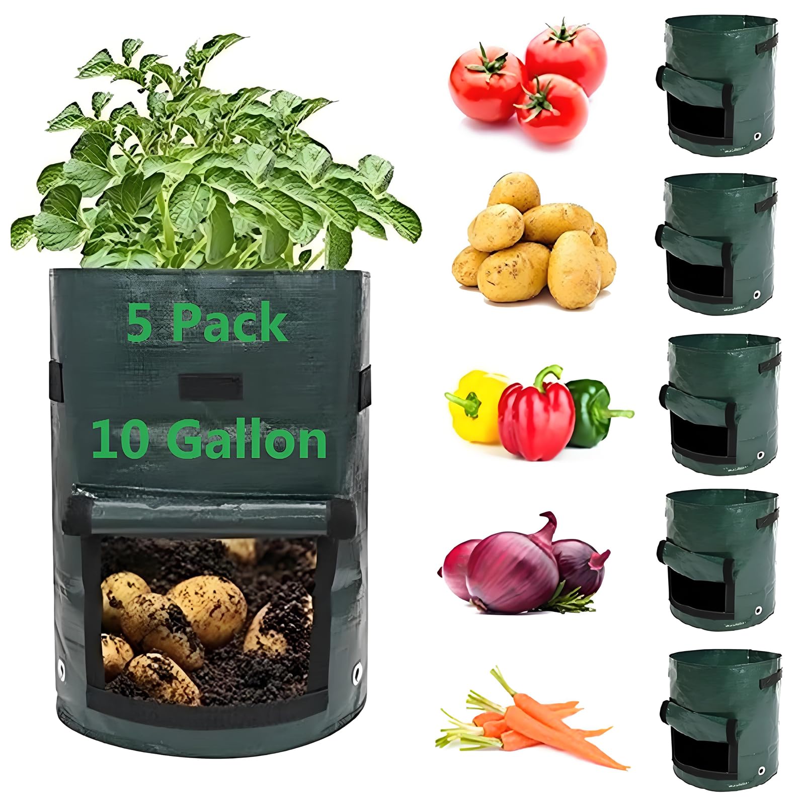 Potato Grow Bags,(5 Pack 10 Gallon) Garden Vegetables Growing Planter with Handles and Access Flap for Planting Potato Carrot Onion Taro Radish Peanut, (Dark Green)