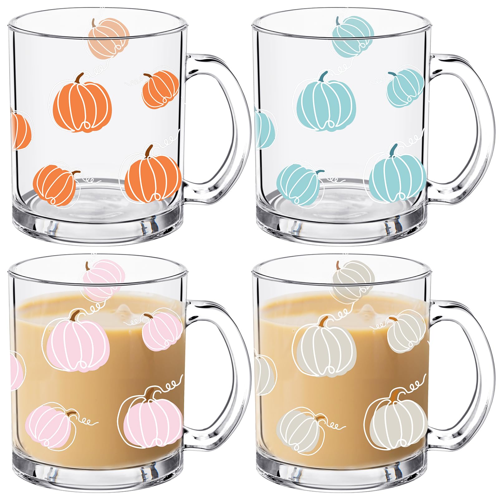 4 Pcs Thanksgiving Fall Glass Coffee Mugs, 12oz Pumpkin Mug with Handle Cute Pumpkin Coffee Cups Autumn Harvest Fall Glass Cup for Drinking Beverage Tea Milk