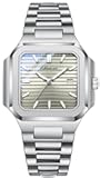Men's Classic Square Watch - Silver Stainless Steel Analog Quartz Dress Watch with Luminous Hands, Date Calendar, 30M Water Resistant for Business Casual