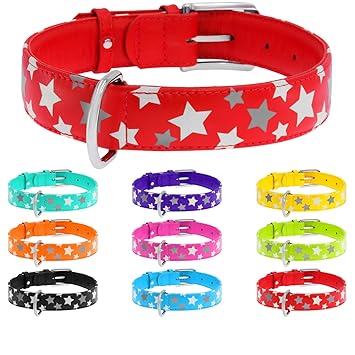 WAUDOG Reflective Leather Dog Collar - Durable Dog Collars for Small Medium Large Dogs Puppy - Red Blue Pink Purple Green Black Safety - Soft Padded - Stars Plus (Large 18