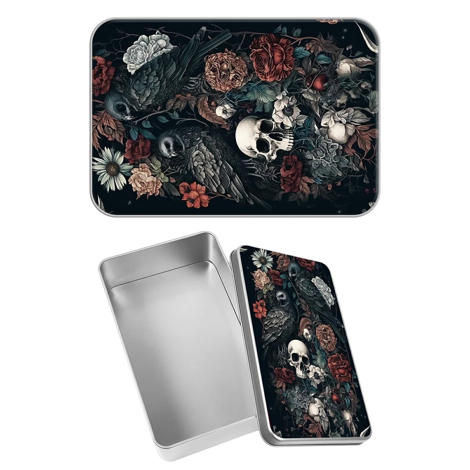 Rectangular Metal Tin Box with Removable Lid, Dark Skull Flower Eagle Decorative Printed Metal Storage Container for Jewelry Pen Eraser Pill Candy Craft 4.9 x 3.54 x 1.57 inch– Single Pack