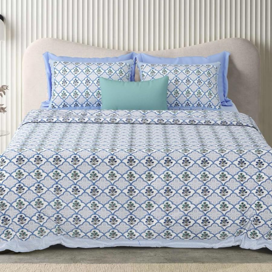 Image of Urban Jaipur 100% Cotton Bedsheet for Double Bed (90 x 108 Inches) | 210 TC King Size Bed Sheet for Double Bed with 2 Pillow Covers | Pure Cotton Jaipuri Bedsheet- Blue
