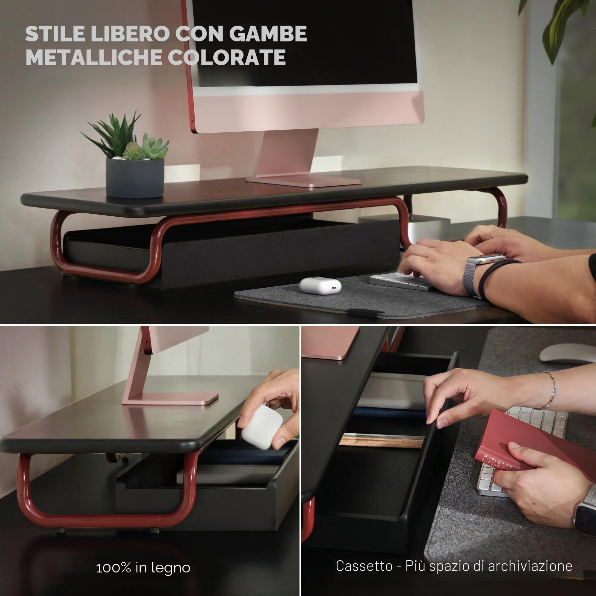 Fenge Supporto Monitor Scrivania, per 2 Schermi, 95x 25x 12,4cm, Legno Massello e Ferro, Non Installazione, fino 50kg, Monitor Stand con Cassetti, Porta PC laptop stampante TV (Nero + Rosso)