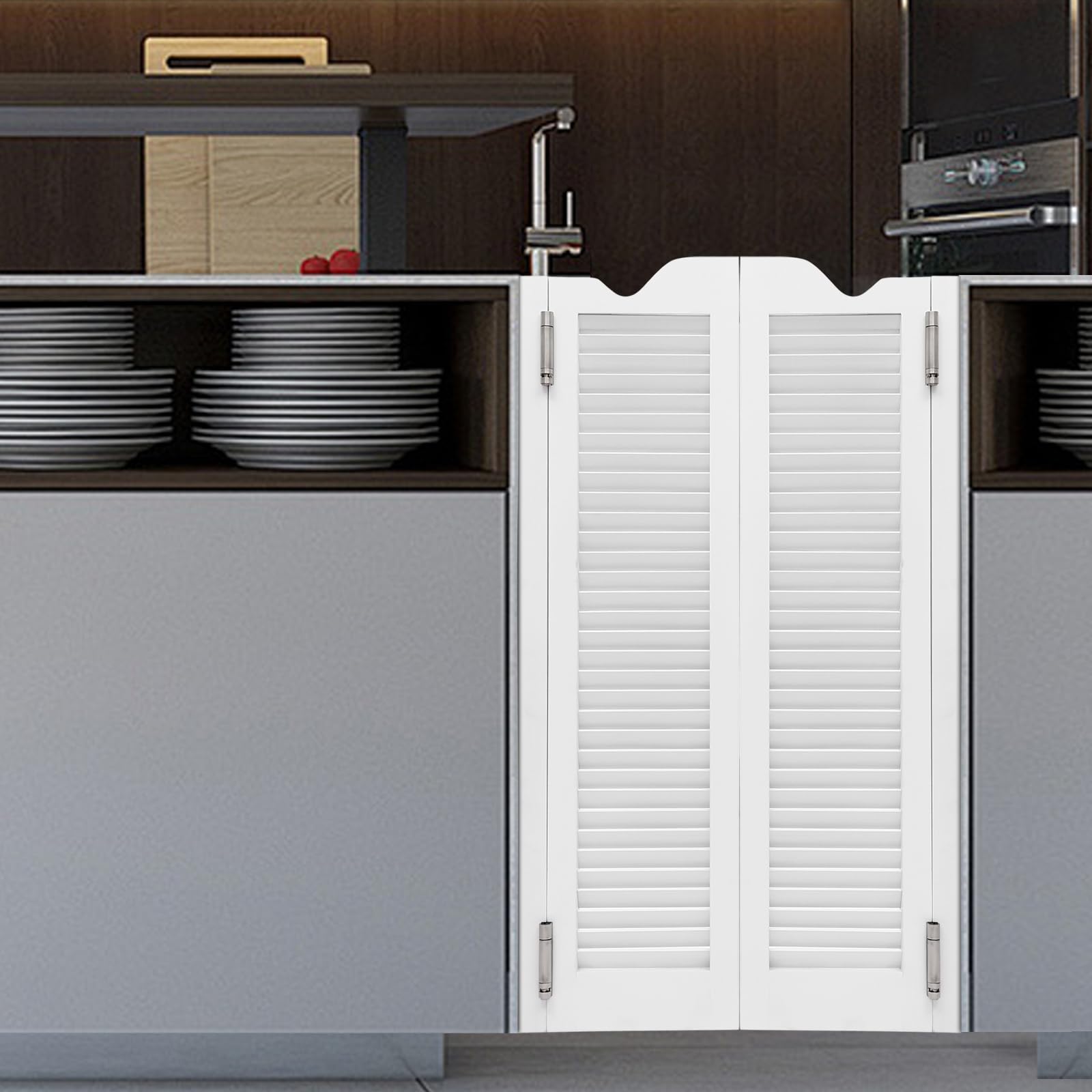 Swinging Saloon Doors - White Louvered Wood Cafe Doors, 24"W X 42"H Pair | For Kitchen, Bar, Porch