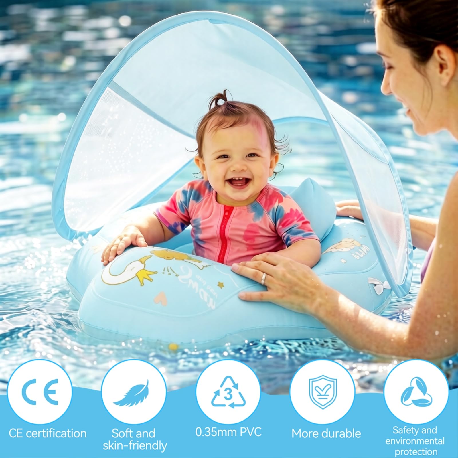 WYRIAZA Flotador Bebe con Sombrilla, Flotadores para Bebes,Flotador Bebé Inflable Parasol Extraíble 3~36 Meses (5-16Kgs) Flotador para Bebe con Sombrilla con Bola de Equilibrio para Evitar Vuelcos