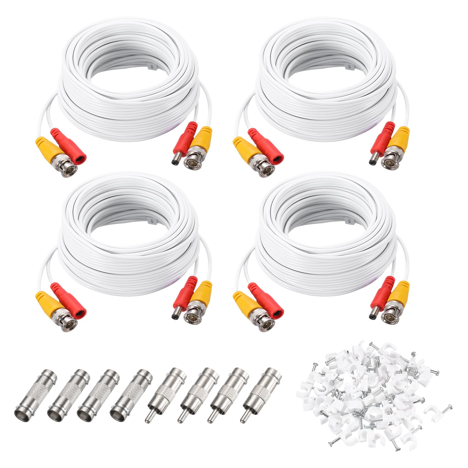sourcing map BNC Video Power Cable,15m/49ft All-in-One Security Camera Wire Cord DC Extension Wire for CCTV Security DVR Camera System Installation Plug & Play Cord,4 Set White