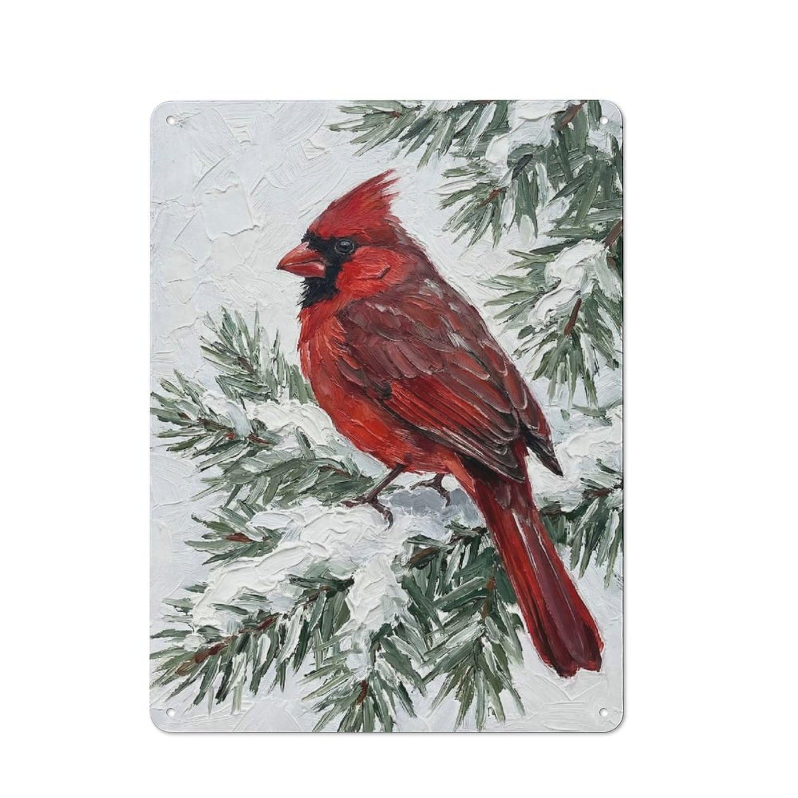 Junmoney Style-6 Tin Wall Plaque 40X30cm With Cardinal On Snowy Pine Branch For Bar Or Restaurant, For Hospitality Decor Collectors