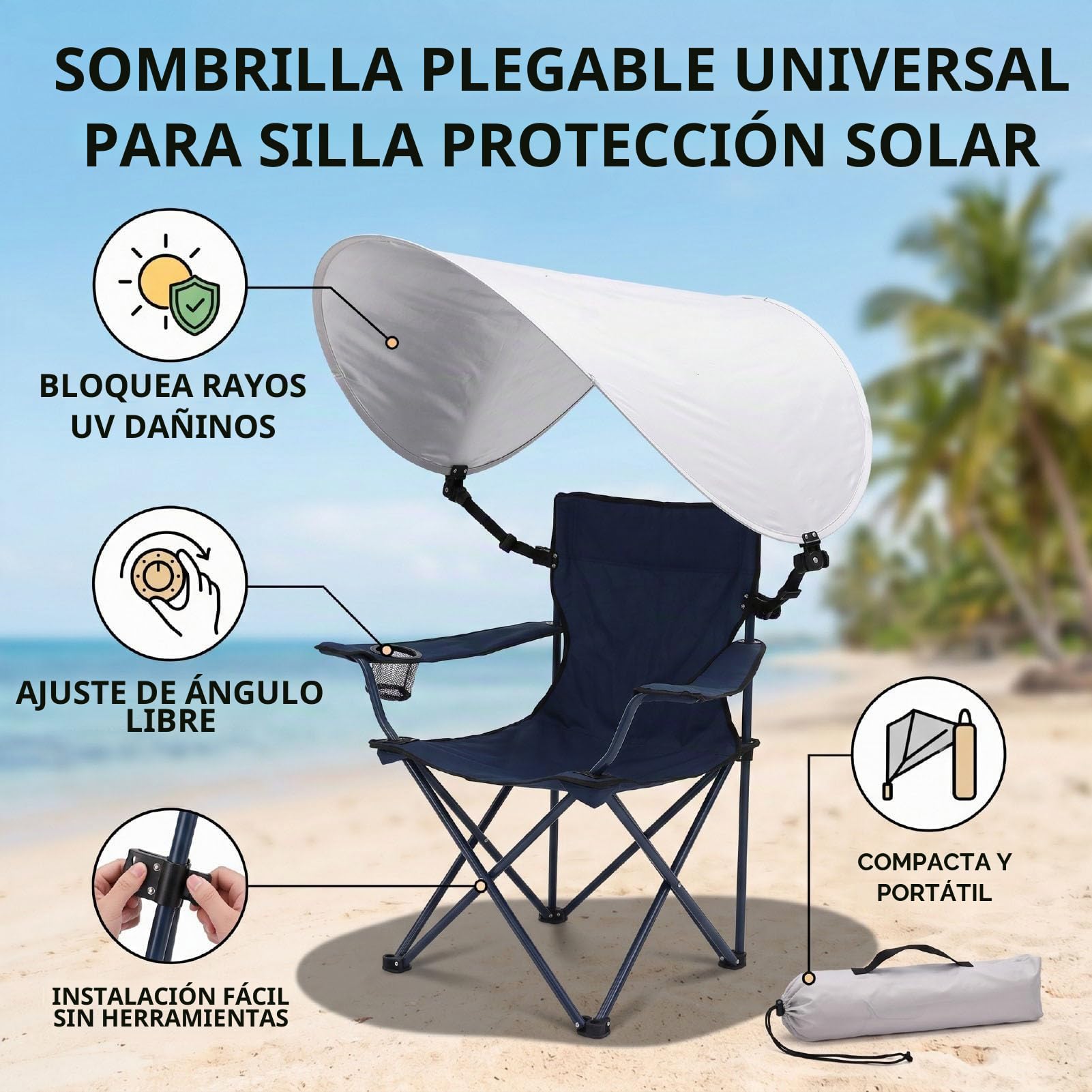 Fockety Toldo Universal para Silla, Accesorio Plegable Portátil para Parasol con Abrazadera Ajustable,Toldo para Silla para Playa, Camping, Césped, Deportes, Sillas de Gravedad Cero