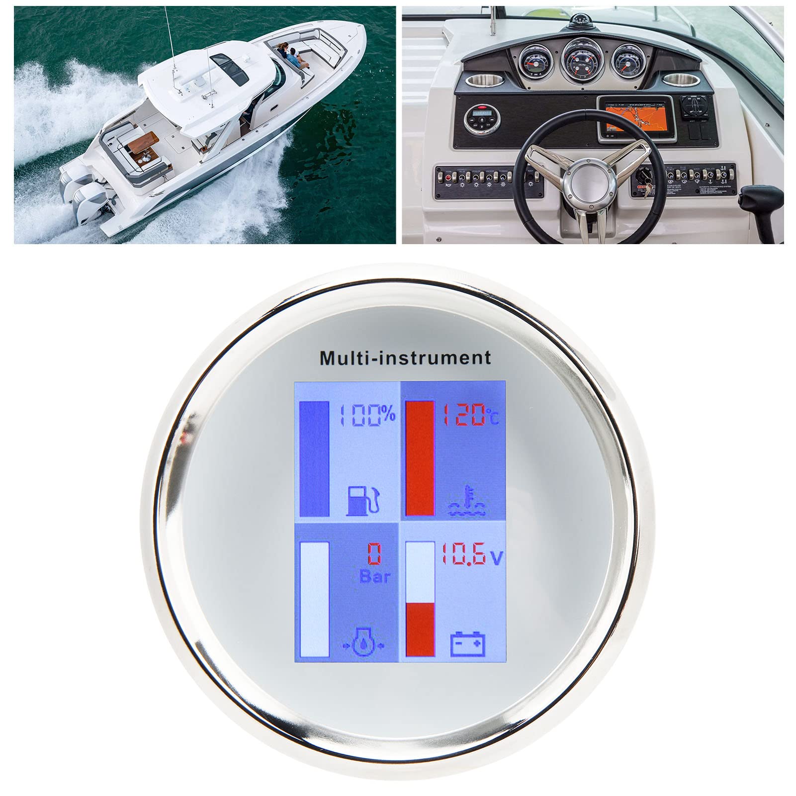 Kraftstoffstandsanzeige, Voltmeter, Anti-Schock, Digitale Multifunktionsanzeige, Hohe Präzision für Yachten, Schiffe (Weißes Zifferblatt, weiße Frontabdeckung 910)