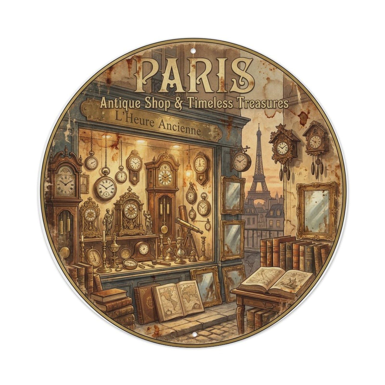 Olhnbad Style Paris Antique Shop Timeless Treasures Route Travel Metal Tin Sign