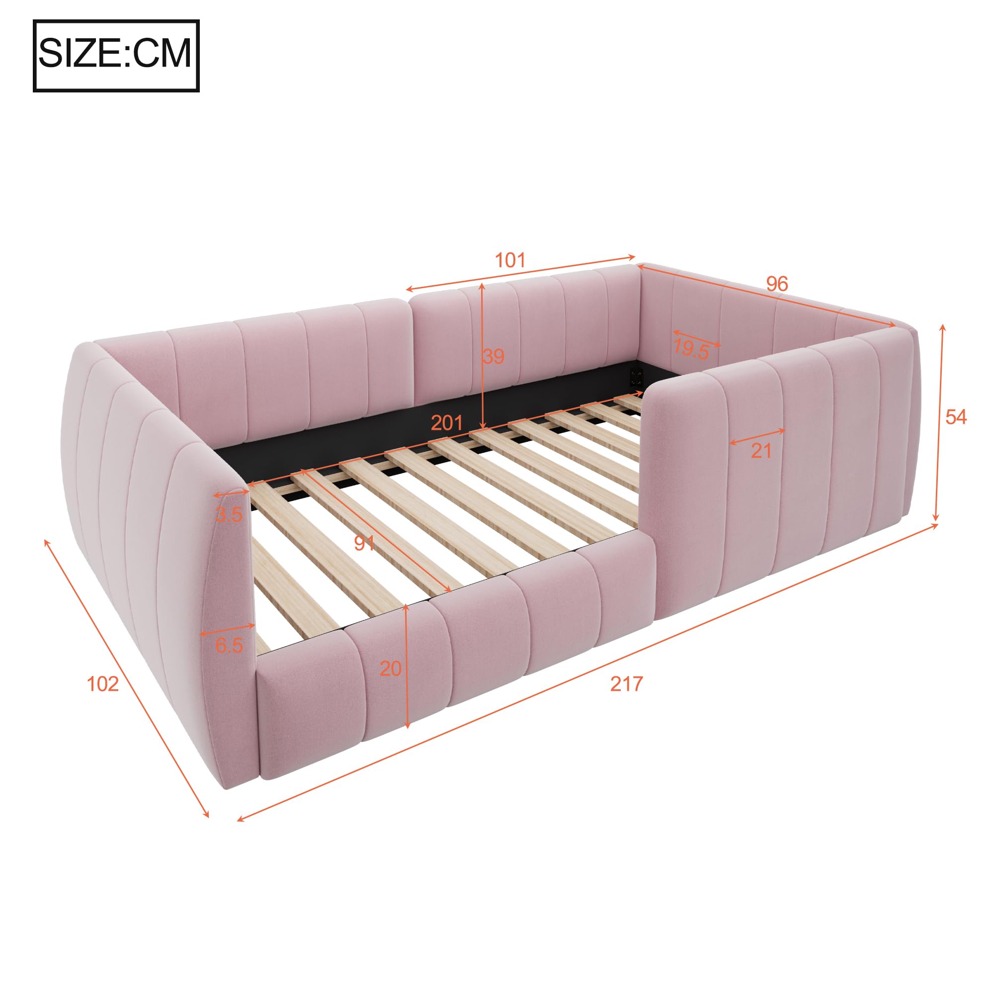 Kinderbett Bodenbett 90x200, Montessori Bett Polsterbett mit Rausfallschutz und Lattenrost, Einzelbett Gitterbett Jugendbett Spielbett Flachbett Bettgestell fürJunge und Mädchen, Ohne Matratze, Rosa
