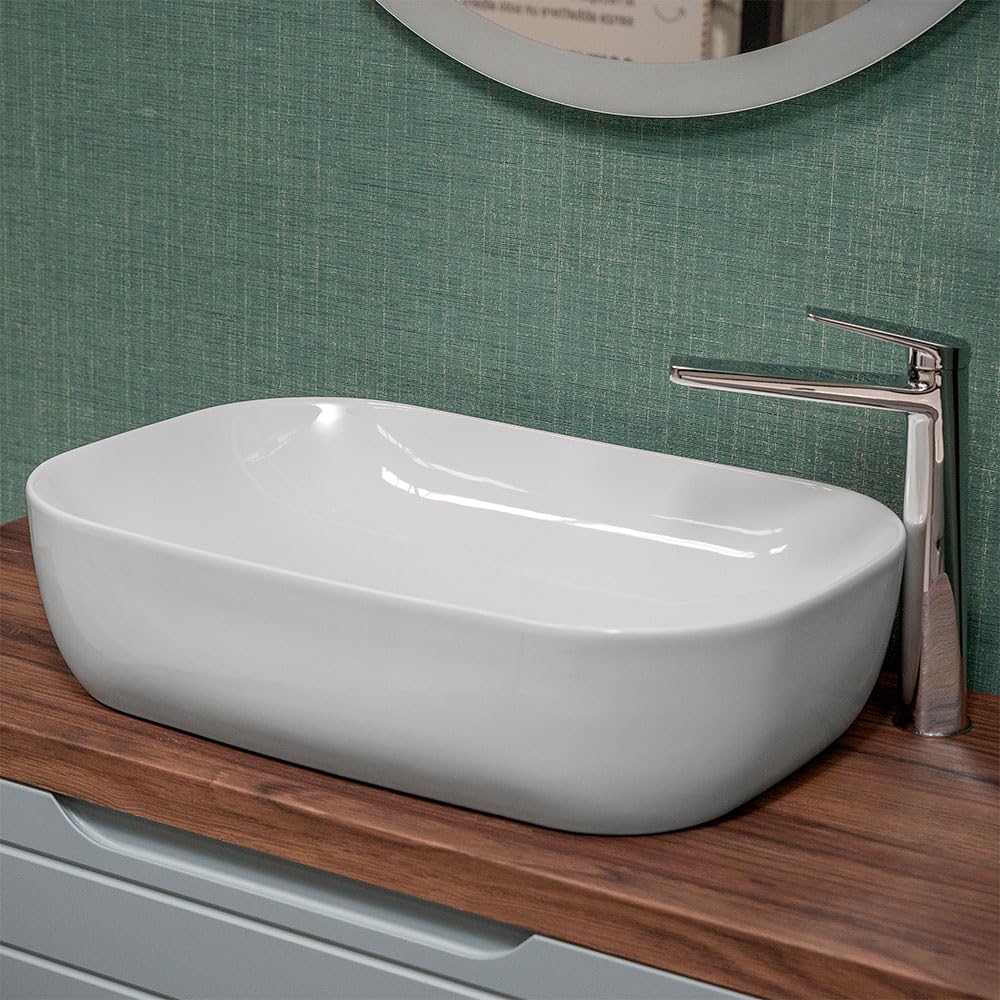 Lavabo da appoggio 60x40 rettangolare in ceramica lucida da installare su mensole o mobili bagno con top