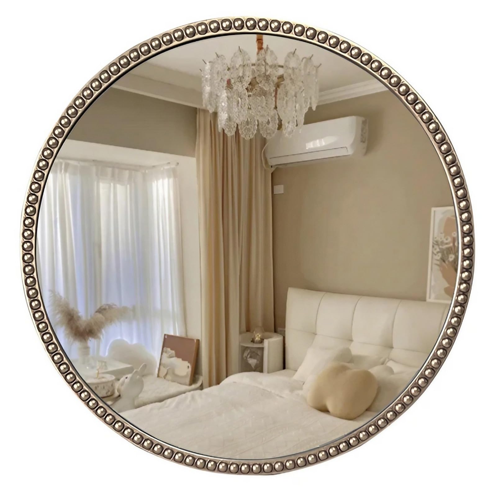 FGXHHS 24/32 inch Decorative Accent Wall Mirror, Round with Metal Beaded Frame, Hanging for Living Room Bedroom Entryway Hallway (Antique Silver)(80cm(32inch))