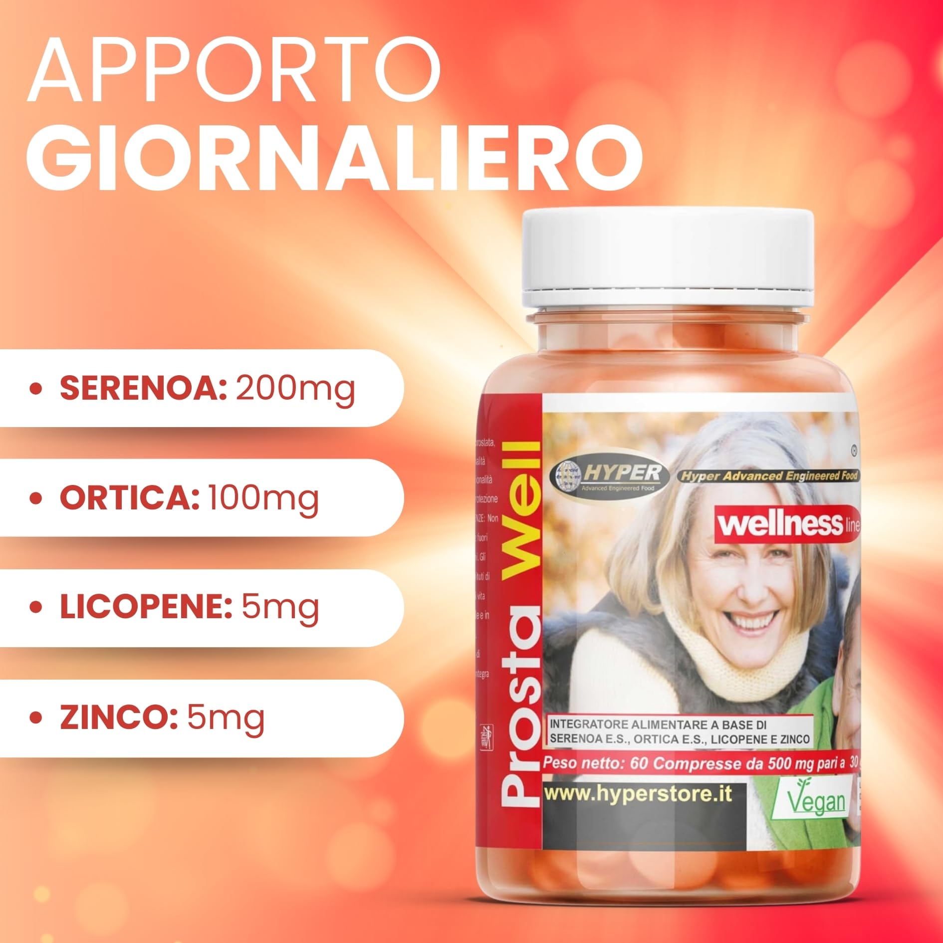 Hyper Integratore Alimentare Prostata Benessere Salute Favorisce la Funzionalità della Prostata e delle Vie Urinarie con Serenoa Repens Saw palmetto Ortica Licopene Rimedio Naturale 60 Compresse