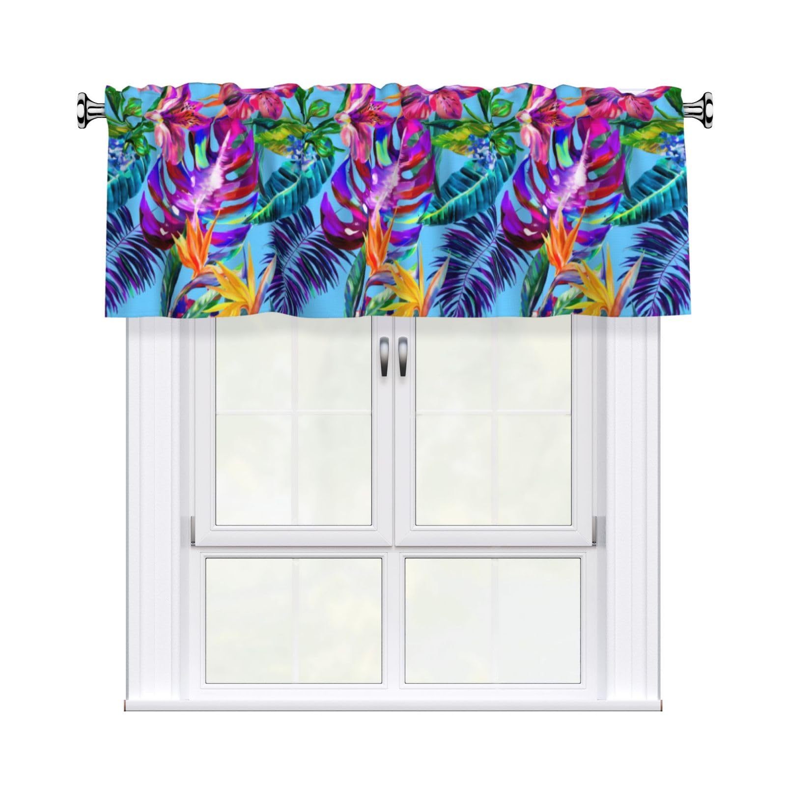 HJFCZH Pink flower tropical plant Prints Curtain Valance 54x18in - Peach Skin Kitchen Window Layer, Filtered Light & Quick-Install Rod Pocket Cover