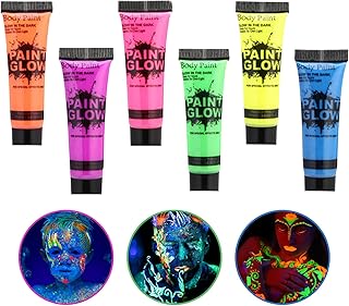 6 Colors Glow Neon Fluorescent in the Dark Face and Body Paints Set,Blacklight in Dark Party Supplies,Brighter & Quicker Dry & Washable Face Paint Makeup Set