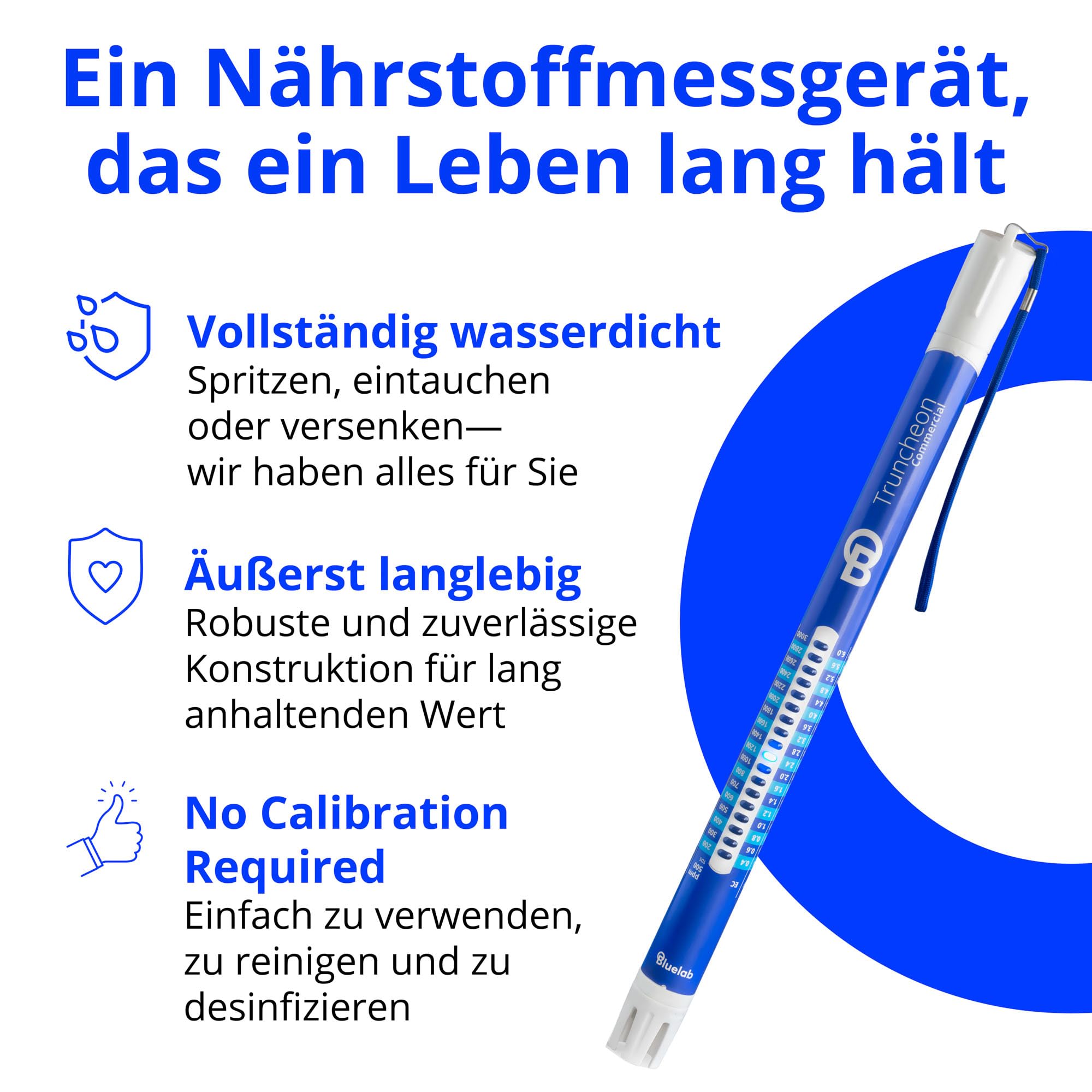 Bluelab TRUNCOMV2 Truncheon-Messgerät – Kommerzielles Nährstoffmessgerät, erweiterter Bereich, misst TDS, EC, ppm 500/700, CF in Wasser, digitales Werkzeug – Für Hydroponik & Pflanzenzucht