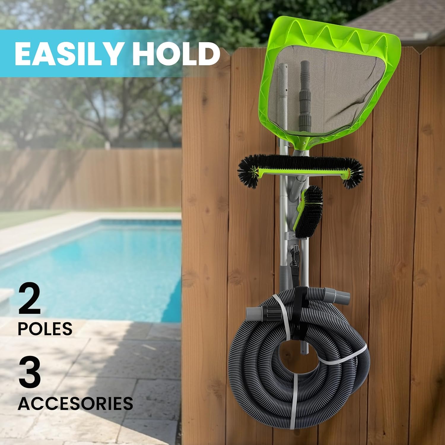 Sepetrel Pool Pole Hanger, Hooks for Poles | Wall & Fence Mounted Equipment Storage Rack with Hooks & Strap, Hose Holder for Pool Cleaning Accessories