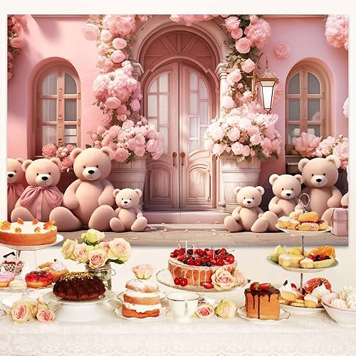 Miniatura 4 de Telón de fondo de oso rosa para puerta de arco de flores de Stree para cumpleaños, telón de fondo de poliéster de 7 x 5 pies para sesión de fotos,