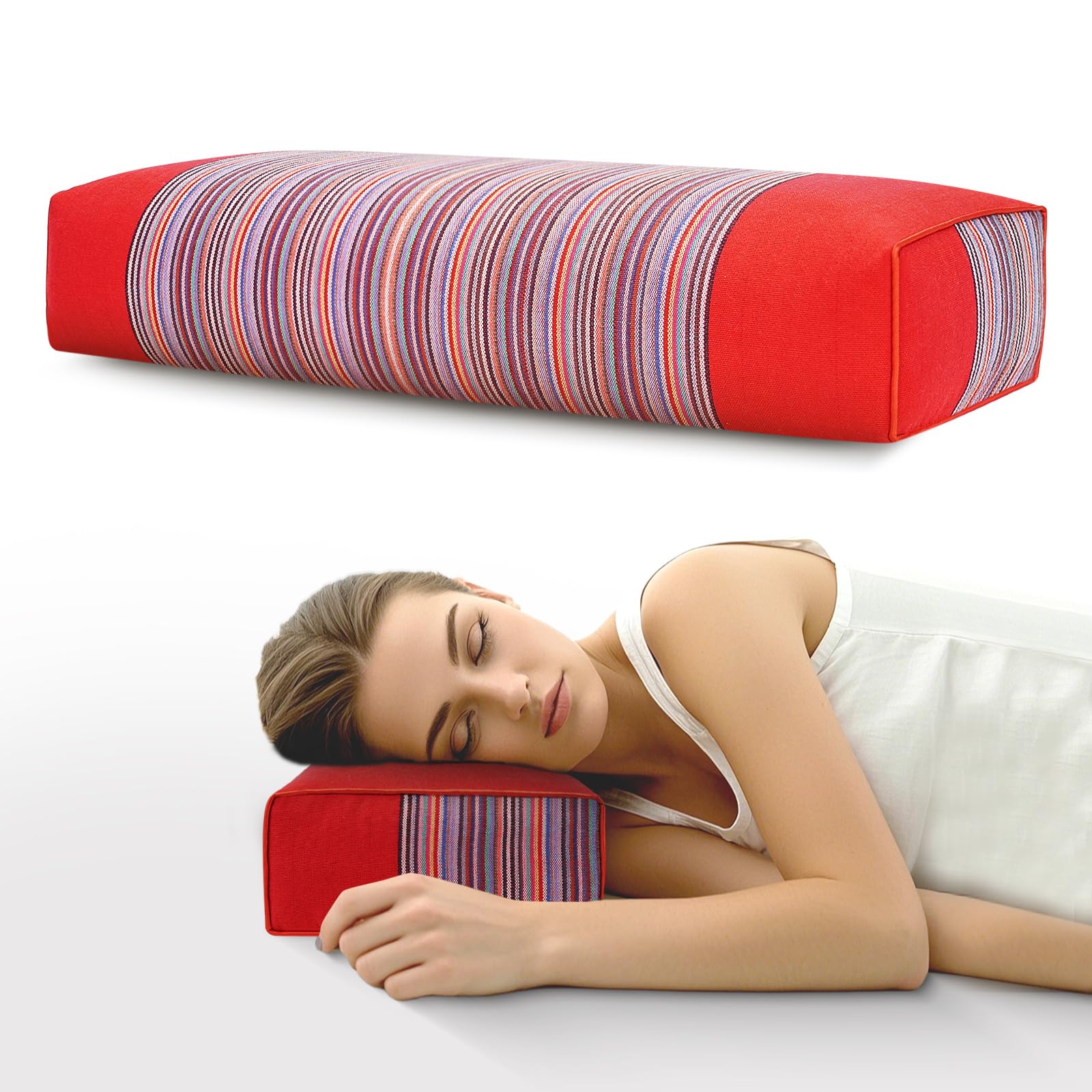 JOERRES Adjustable Organic Buckwheat Pillow for Neck Pain Relief - Natural Cooling Cervical Support Bed Pillow for Side & Back Sleepers with Night Sweats (21x8x4)(Red)