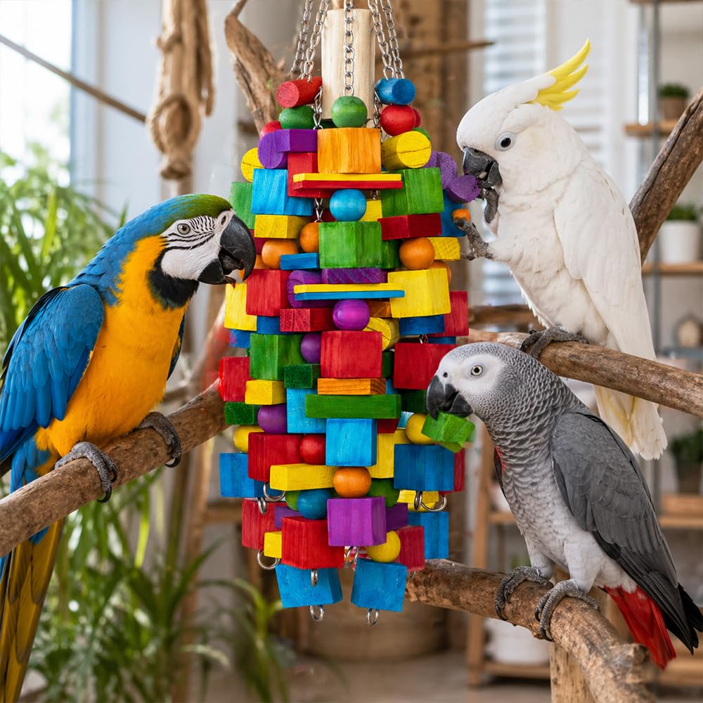 Giocattoli per uccelli extra large – 55 cm, giocattoli naturali per pappagalli da masticare e foraggiamento, con catena SS e colori commestibili per pappagalli di medie e grandi dimensioni, ara