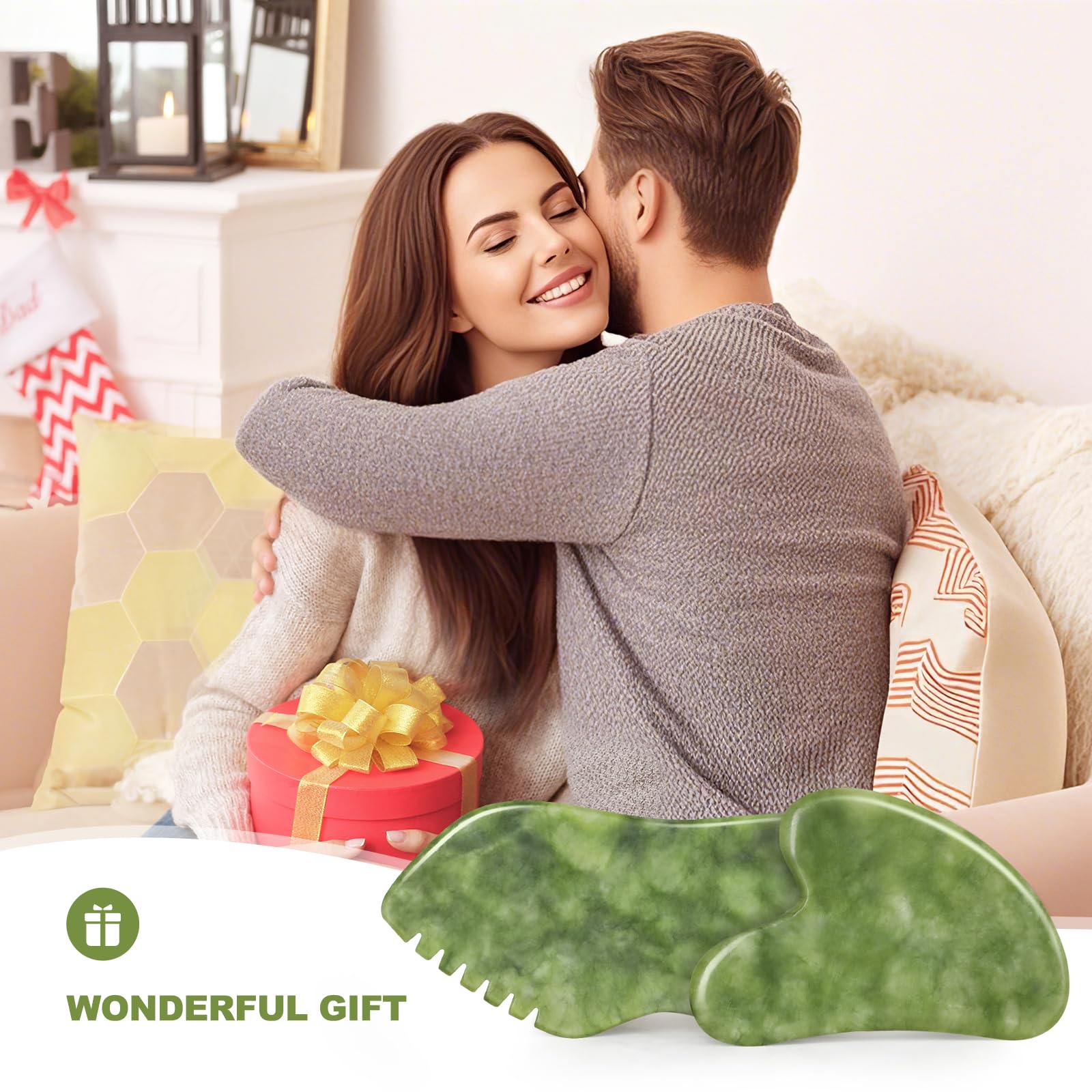 AIROGYM Set di 2 strumenti per il viso Gua Sha, in pietra di giada, pettine per il viso, strumenti per la cura della pelle, corpo e viso, gua sha, per rassodare il drenaggio linfatico della pelle