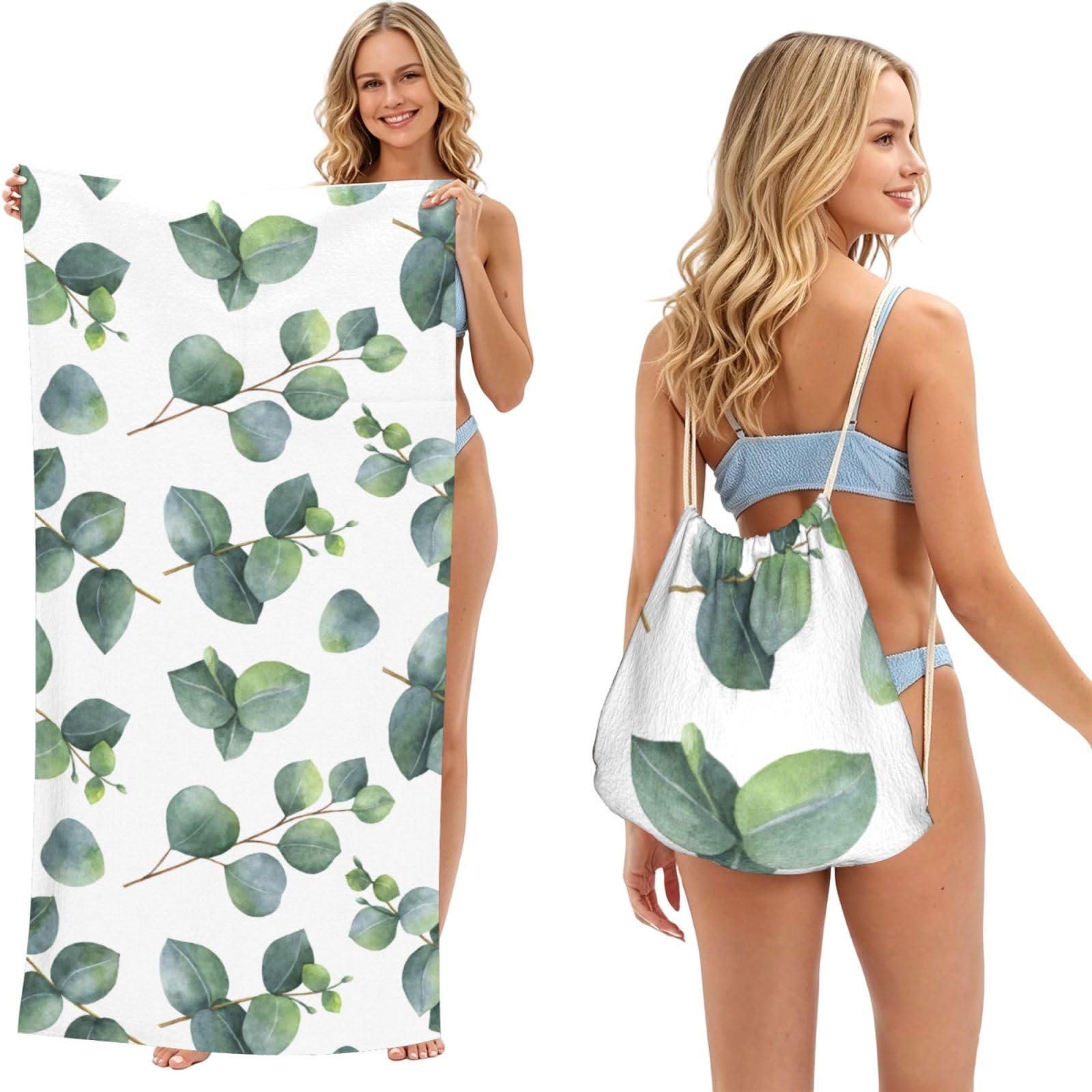 Poadnly As Picture Watercolor Eucalyptus Leaves Branches, 2 In 1 Packable Towel Bag, Beach Towels With Drawstring Backpack For Travel Holiday Camping