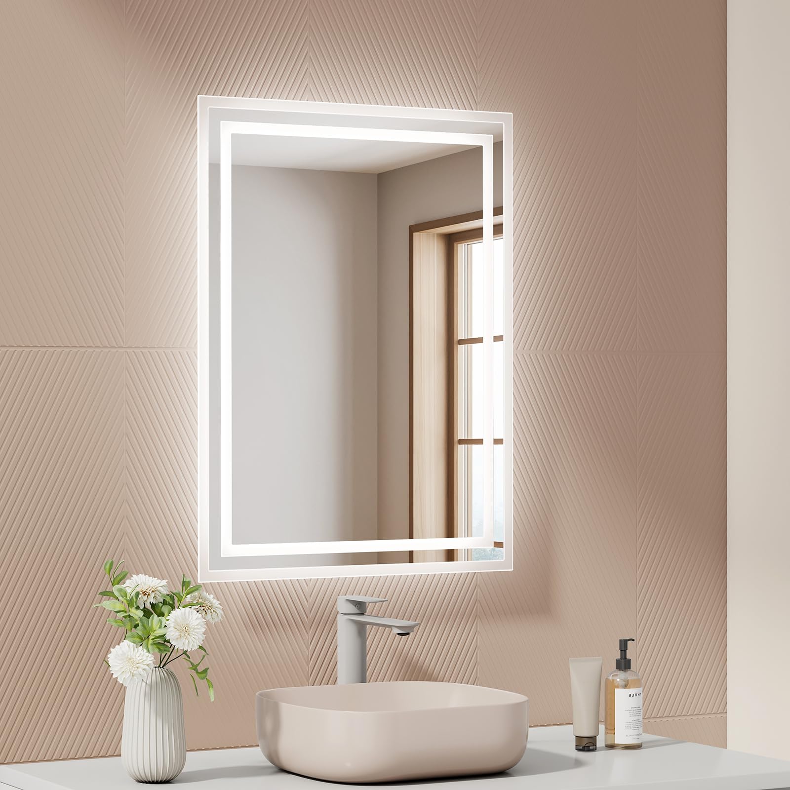 EMKE Illuminated LED Bathroom Mirror, Wall-Mounted Vanity Mirror 500x700mm with LED Light, Button Switch, Demister Pad, Adjustable Color Tones