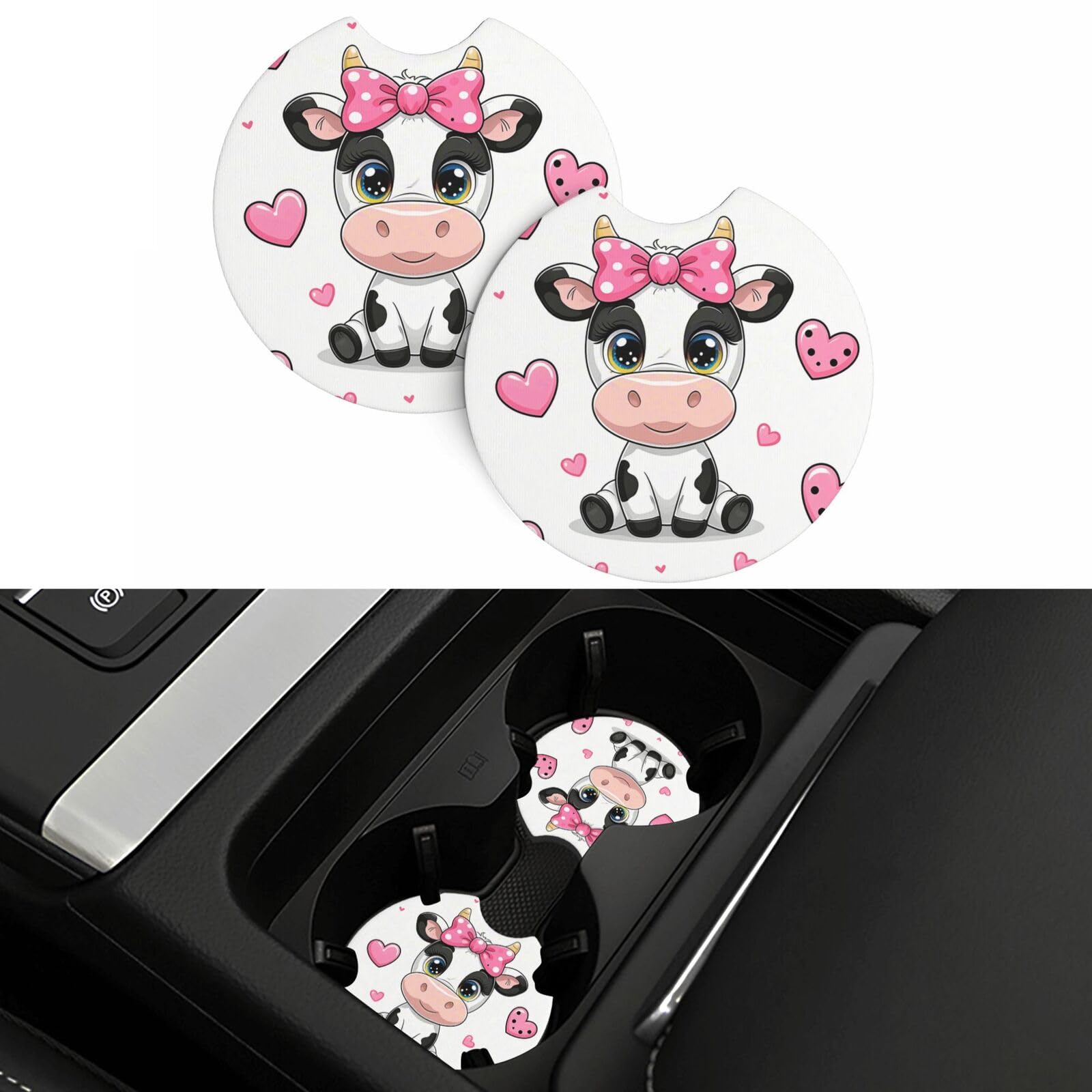 2 Pack Car Coasters,2.7" Universal Car Cup Holder Coasters Non-Slip Neoprene Cup Pad Mat Coaster Car Interior Accessories for Women Men Cute Cows