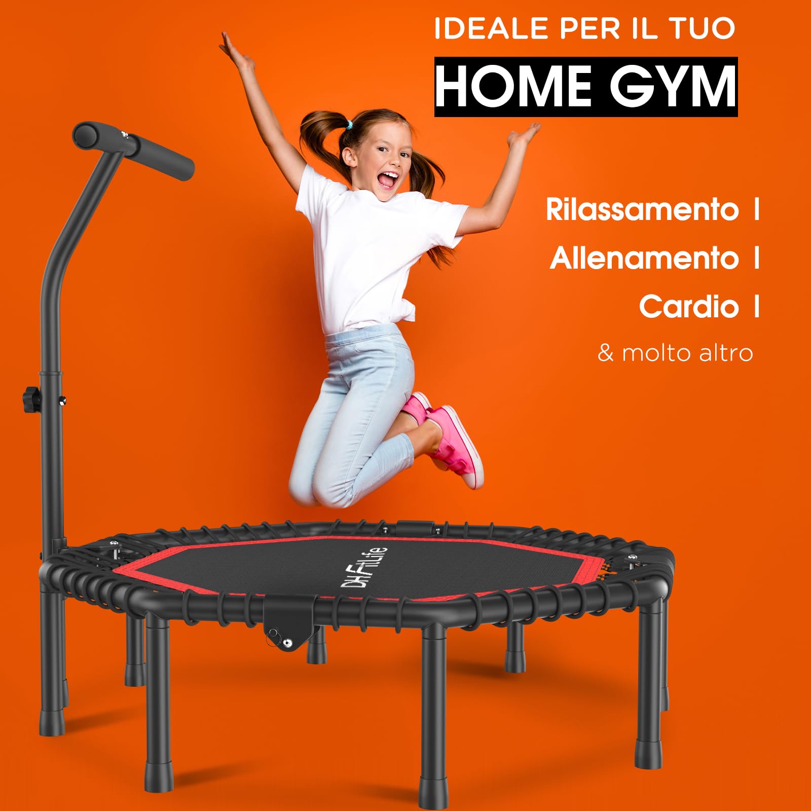 DH FitLife Trampolino Fitness Pieghevole Ø 115/128 cm | Silenzioso con Sospensione in Gomma | Senza Installazione | Maniglia Regolabile a 3 Livelli | Per Interni ed Esterni