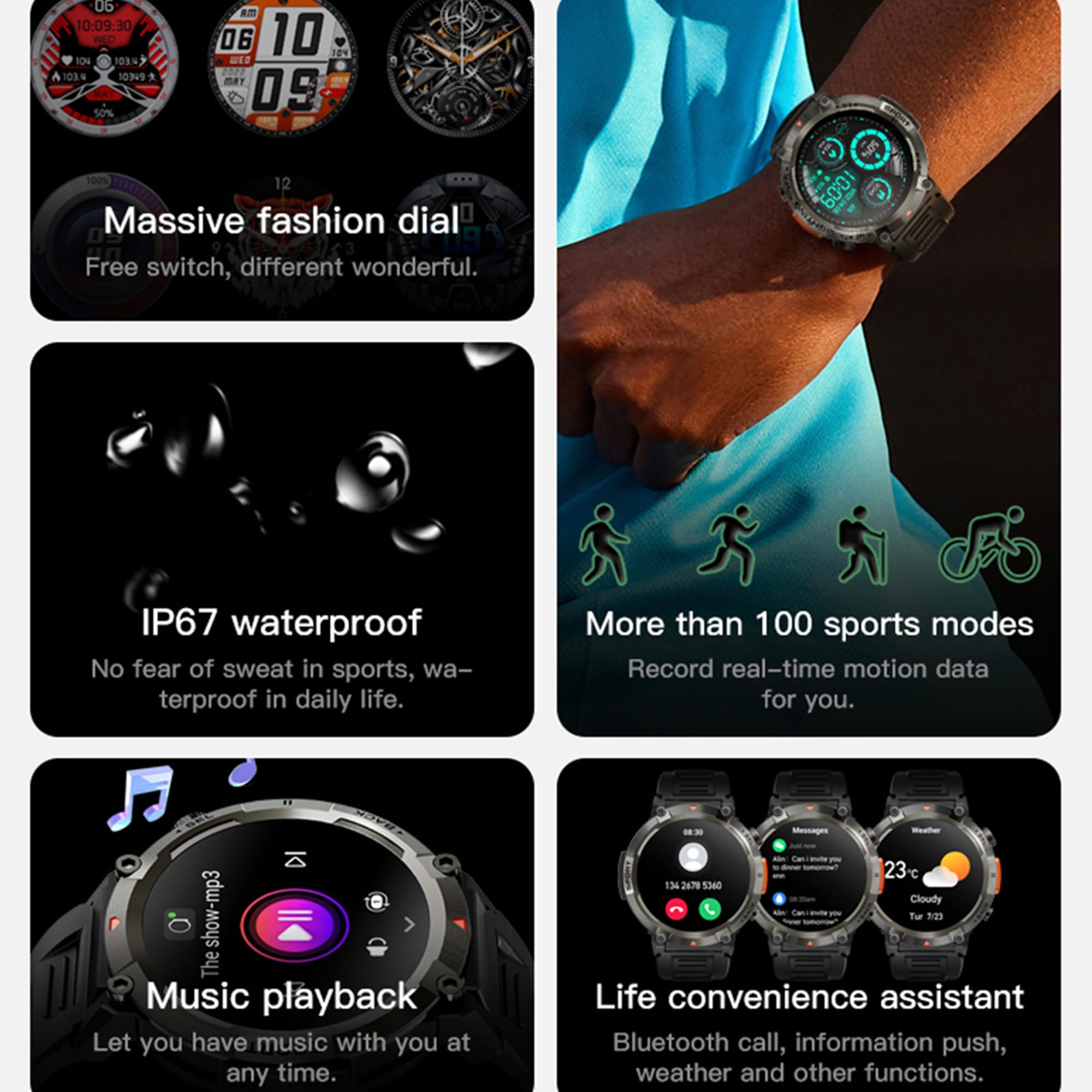 Smartwatche Mężczyźni z Funkcje Telefonu Bluetooth, Sportowy Smartwatch 1,45 Cala ze 123 trybami Sportowymi, Pochodnia, Pomiarem Tętna, Odtwarzaczem Muzycznym, Wodoodpornością IP68 dla Android iOS