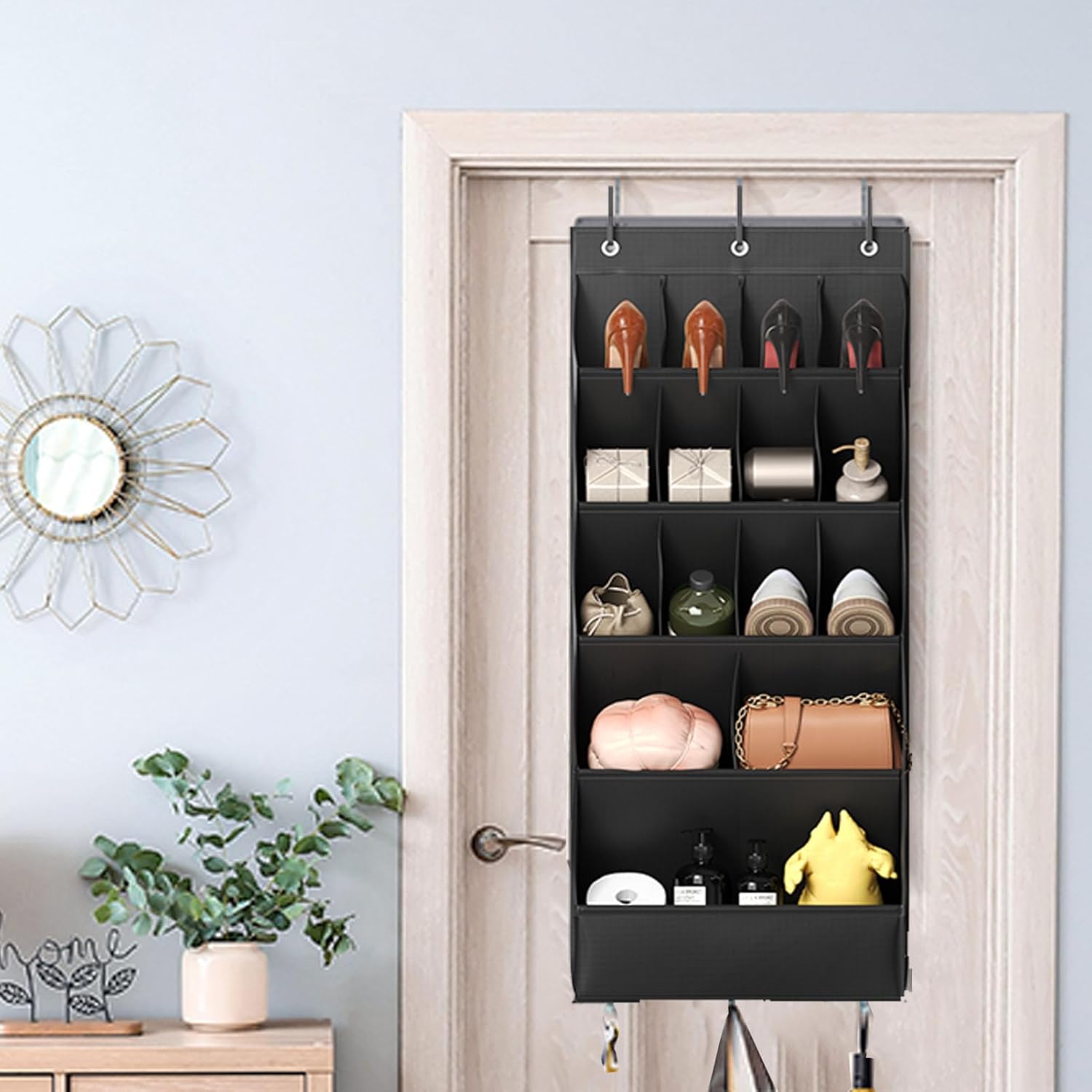 Over The Door Shoe Bag, Oxford Fabric Hanging Storage Holder with 6 Pockets for Closet, Space Saving Shoe Rack for Closet Door, Fits 12 Pairs Shoes (Black)