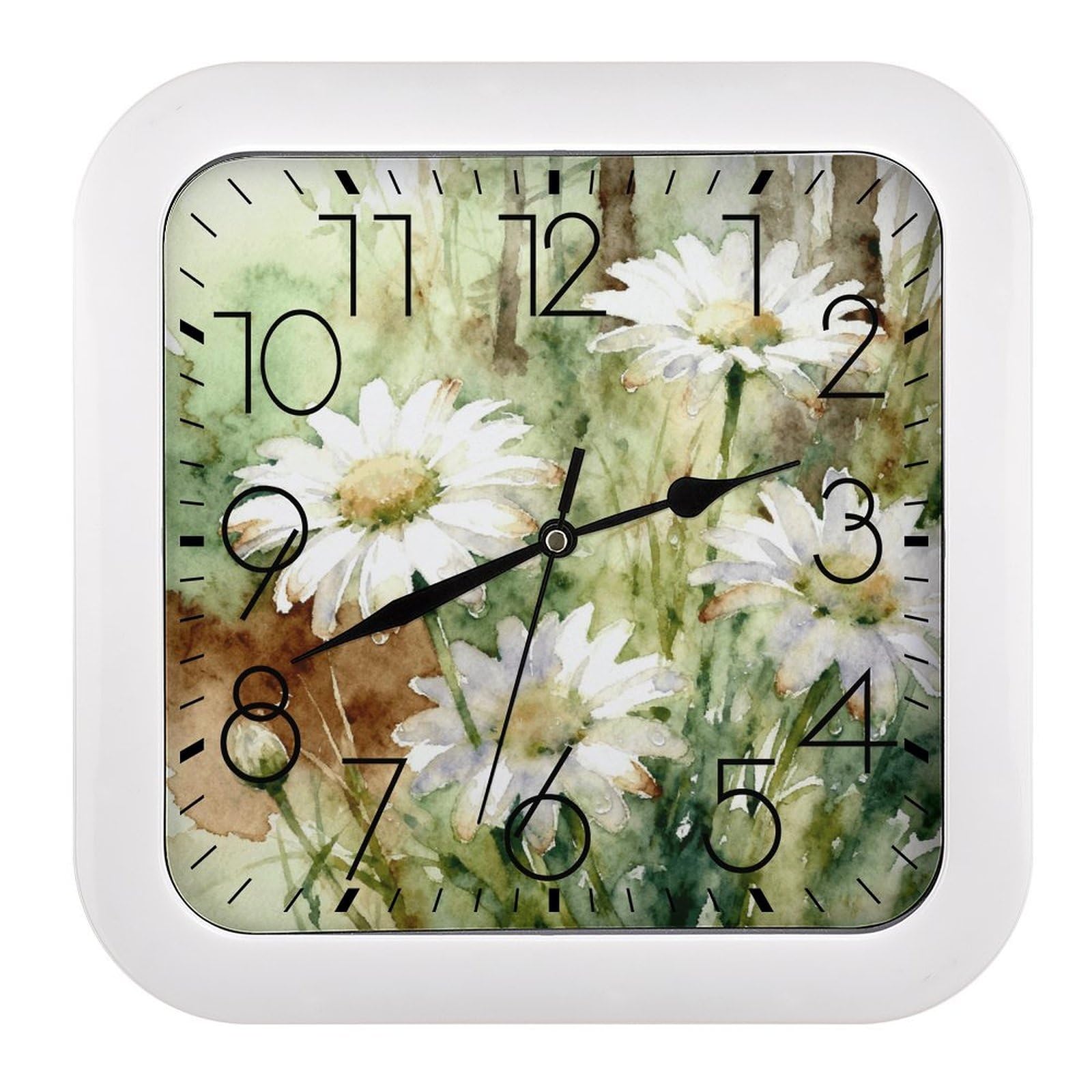 LZQPOEAS Daisies Wildwood Floral Square Wall Clock, 10.2 Inch Battery Operated Silent Non-Ticking Wall Clock, Square Analog Decorative Clock for Home Wall Art, Living Room, Bedroom, and Office