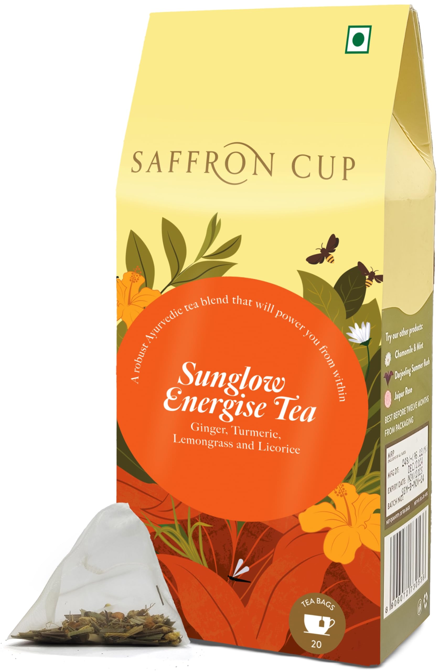 Sunglow Energize (Ginger & Turmeric) by Saffron Cup - 20 Pyramid Tea Bags | Blend with Lemongrass, Orange Peel & Licorice | Caffeine-Free, Naturally Soothing | 40gm (MMC)
