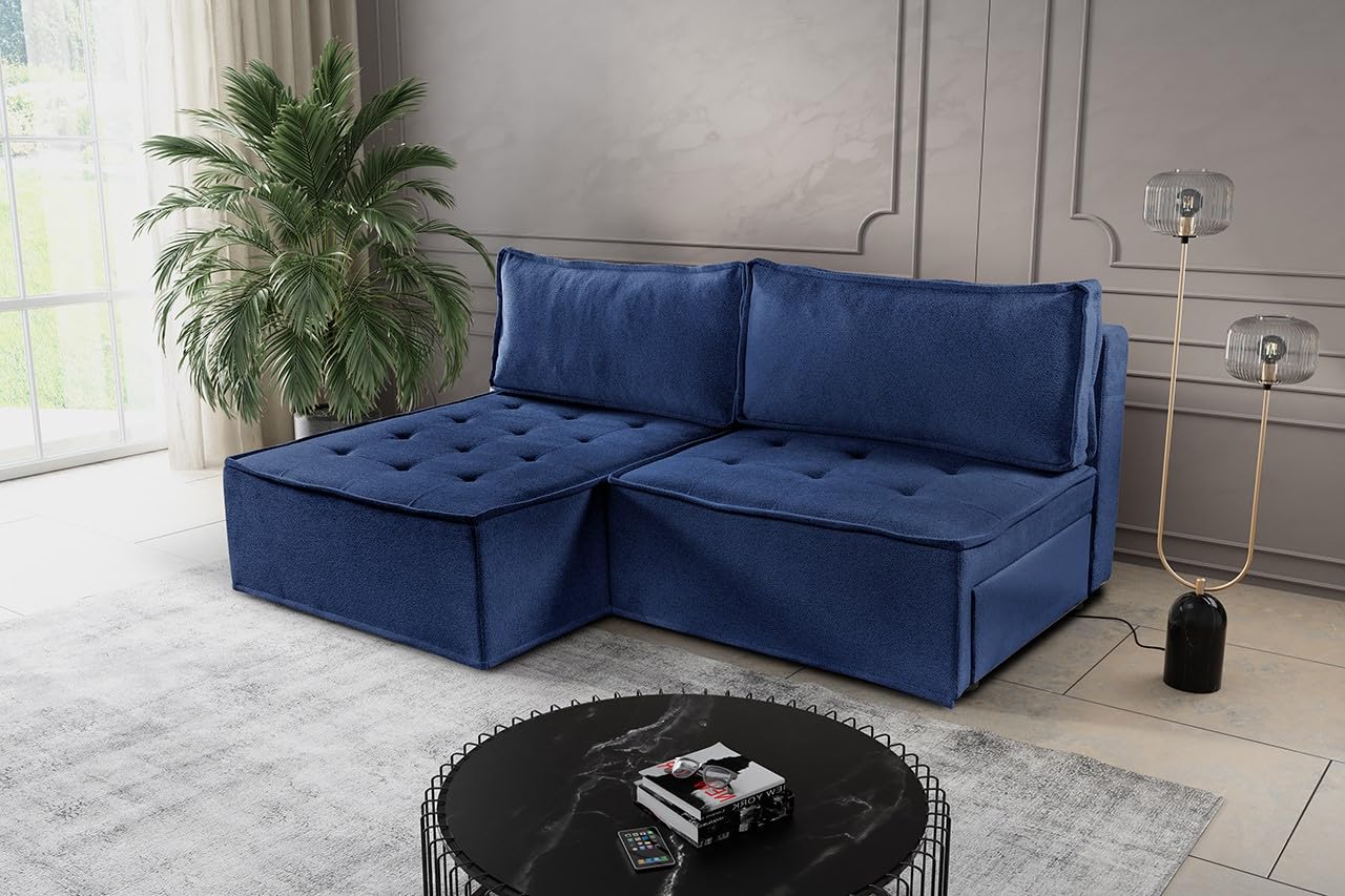 Nowoczesna tapicerowana sofa rozkładana stylowa kanapa narożna z eleganckiej niebieskiej tkaniny idealna do salonu lub pokoju gościnnego oszczędzająca miejsce design wszechstronne rozwiązanie do