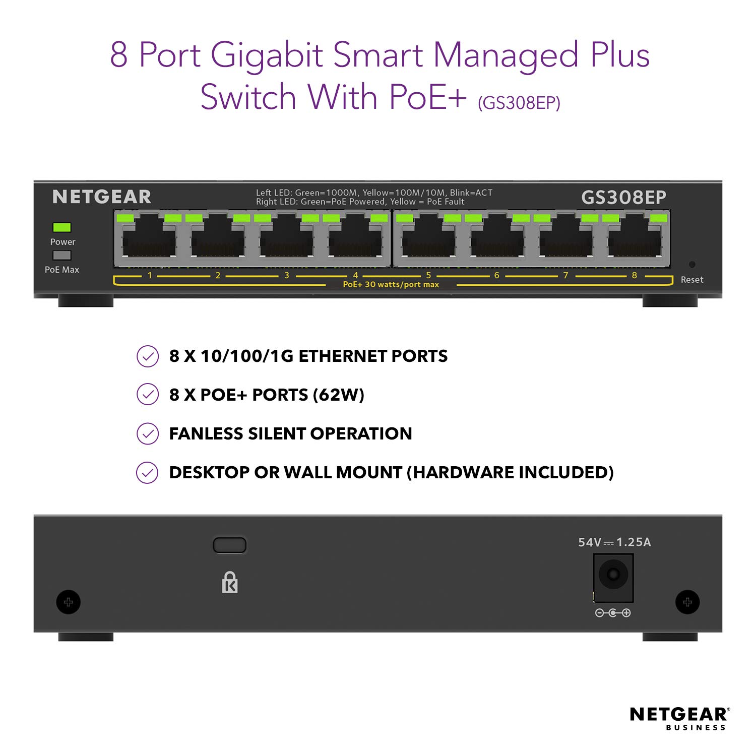 NETGEAR GS308EP Commutateur réseau 8 Ports Gigabit Ethernet Plus avec 8 PoE+ @ 62 W Montage Mural ou de Bureau