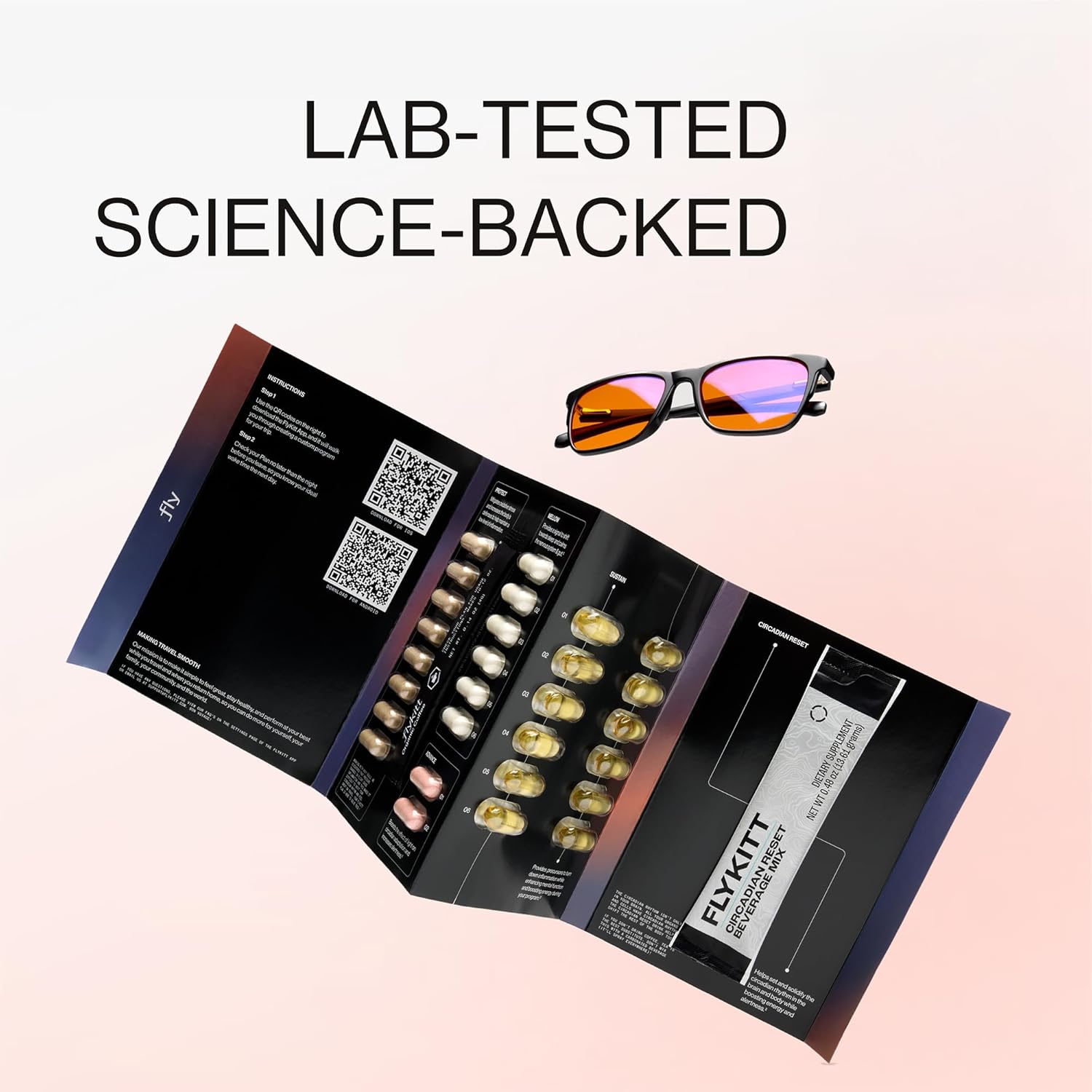 Flykitt Jet Lag Prevention Kit | Complete Travel Essentials with App-Guided Supplement Schedule & Blue Light Glasses | Stay Energized & Wake Up Refreshed for Your Entire Trip