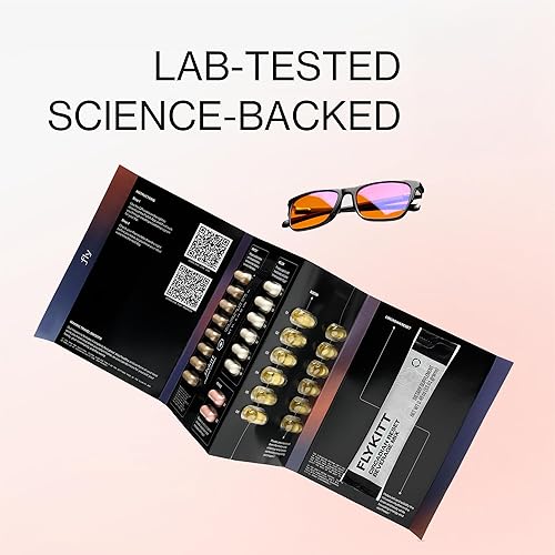 Vista 6 de Kit de Prevención de Jet Lag Flykitt Esenciales Completos de Viaje con Horario de Suplementos Guiado por App y Gafas de Luz Azul Mantente
